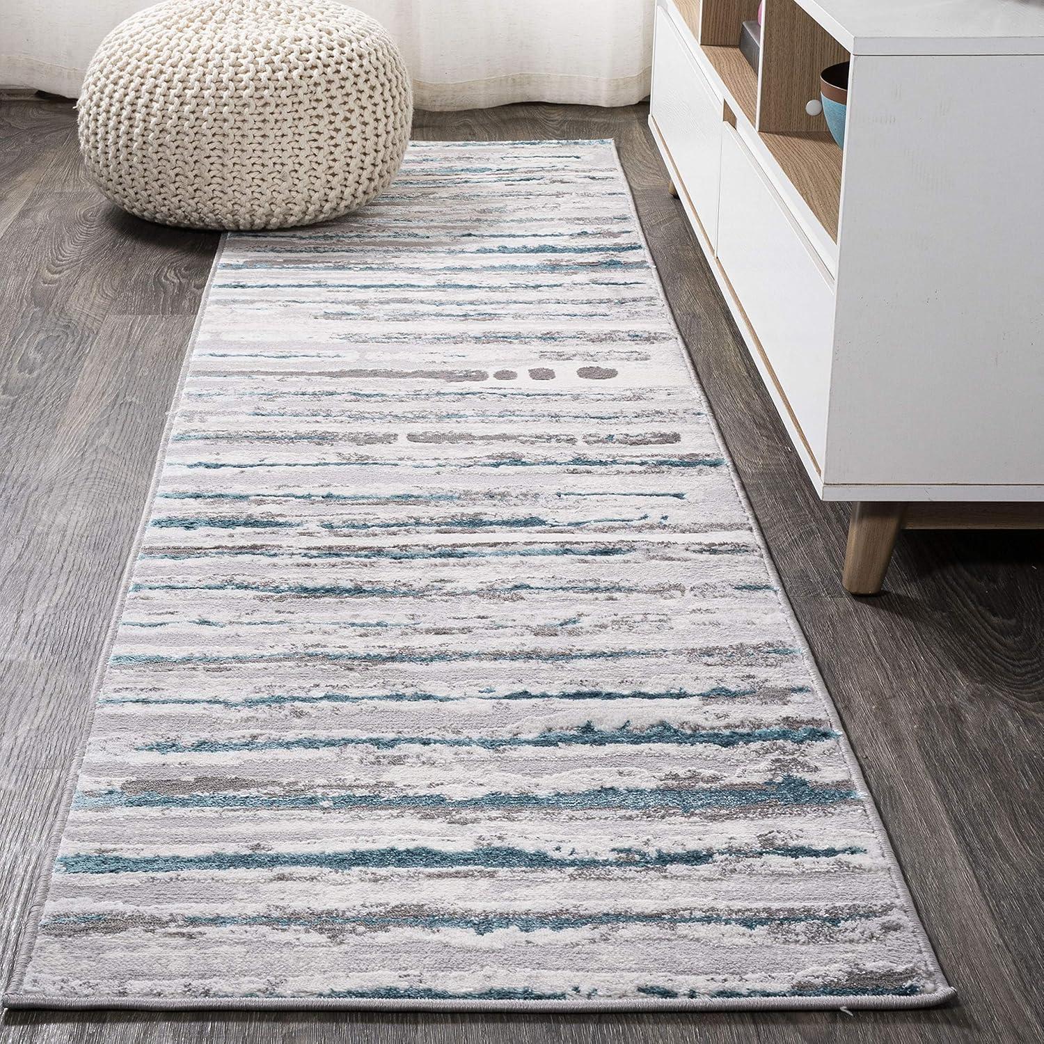 2'x10' Batten Modern Stripe Runner Rug, Gray/Turquoise - JONATHAN Y