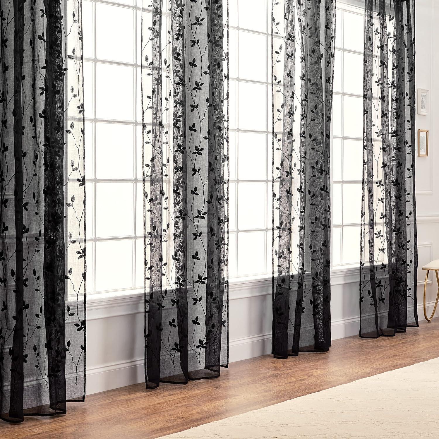 Chanasya 2pk Embroidered Vine Sheer Window Curtain Panels - Set of 2 - 52 x 96 Inches Long - Sage