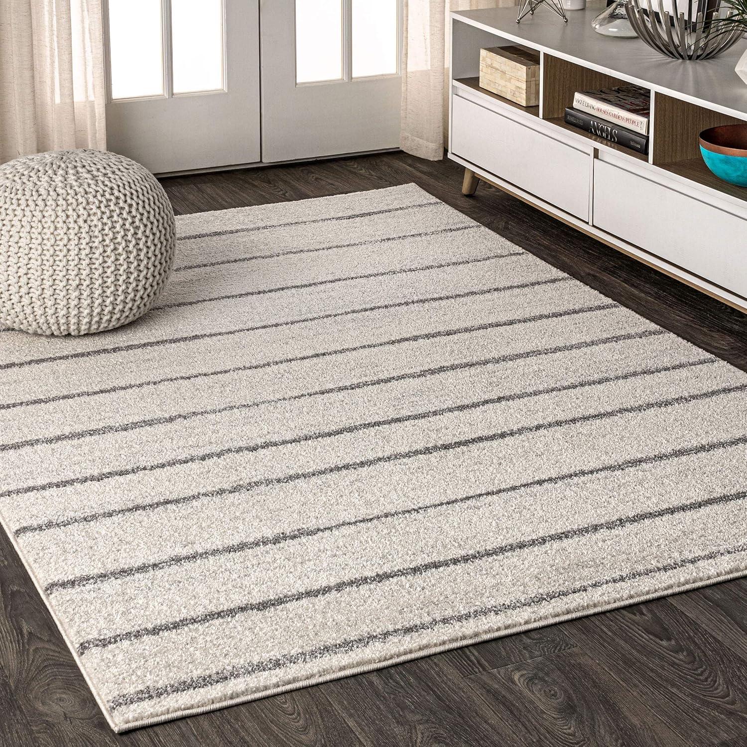 Cream and Gray Striped Synthetic 4' x 6' Area Rug