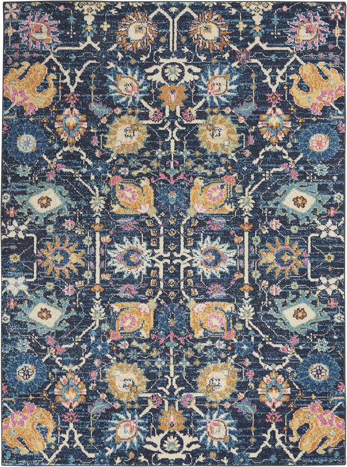 Navy Floral Whimsy 10' x 14' Synthetic Easy-Care Area Rug