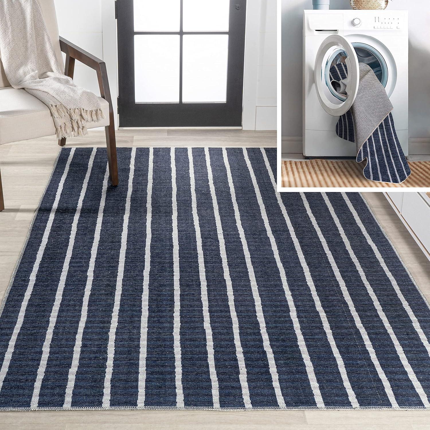 Ivory and Navy Striped 8' x 10' Machine-Washable Rug