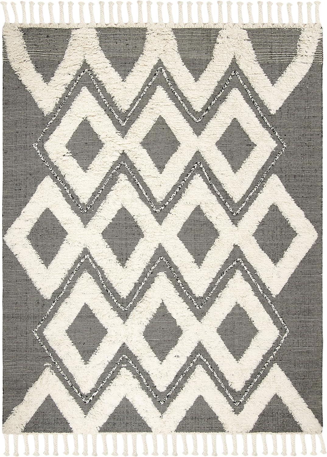 SAFAVIEH Kenya Jannine Geometric Diamonds Fringe Area Rug, Black/Ivory, 9' x 12'