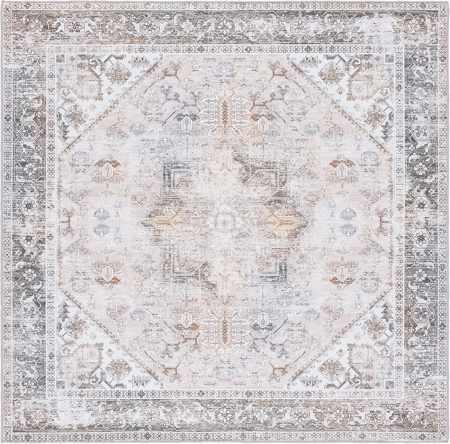 SAFAVIEH Tucson Jayla Traditional Machine Washable Area Rug, Beige/Grey, 8' x 8' Square