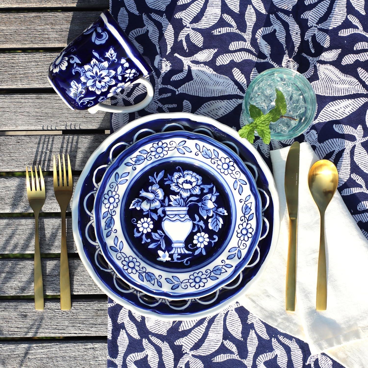 Euro Ceramica Blue Garden 16-Piece Hand-Painted Dinnerware Set- New