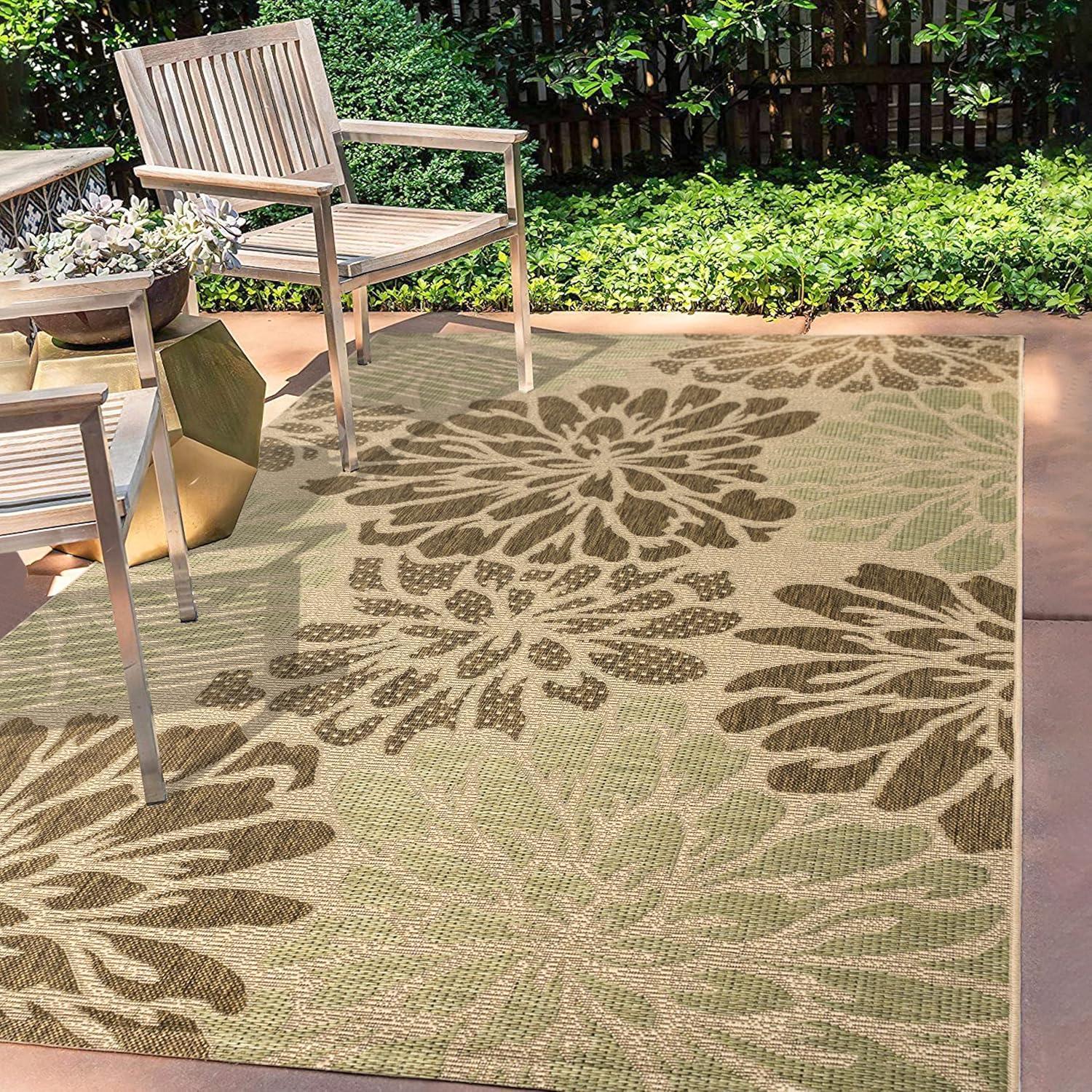 4'x6' Zinnia Modern Floral Textured Weave Indoor/Outdoor Area Rug, Sage/Brown - JONATHAN Y