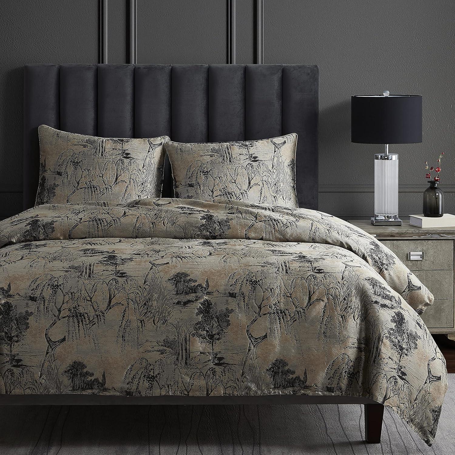 Pastoral Jacquard Metallic Floral Abstract Pattern Modern Contemporary 3 Piece Duvet Cover Set