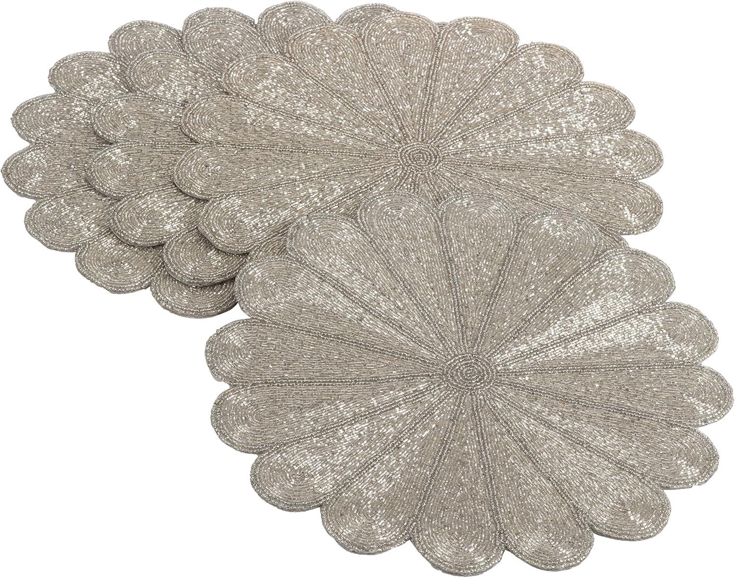 Silver Flower Design Beaded Fabric Placemats, Set of 4