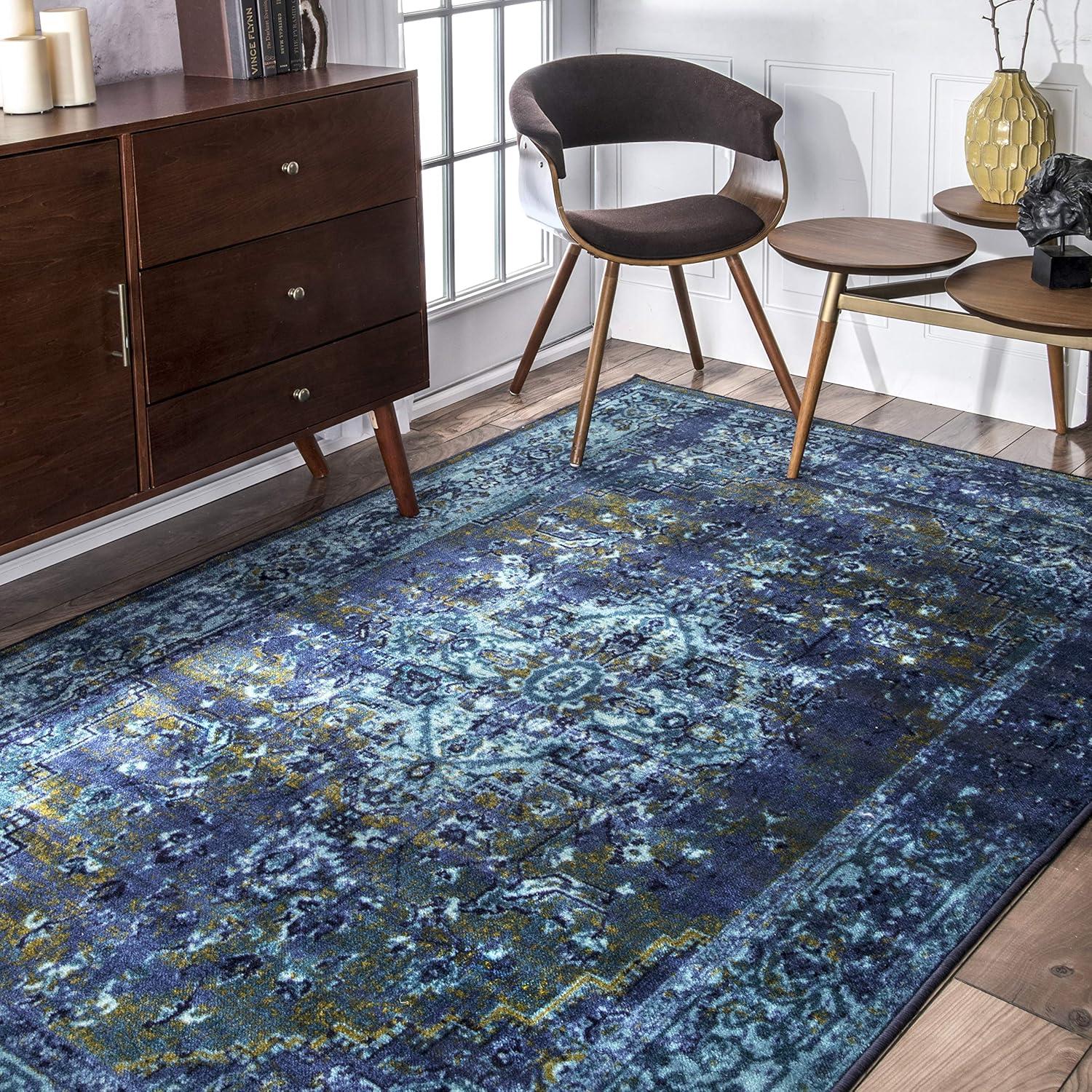 Reiko Blue Square Synthetic Oriental Area Rug, 8'