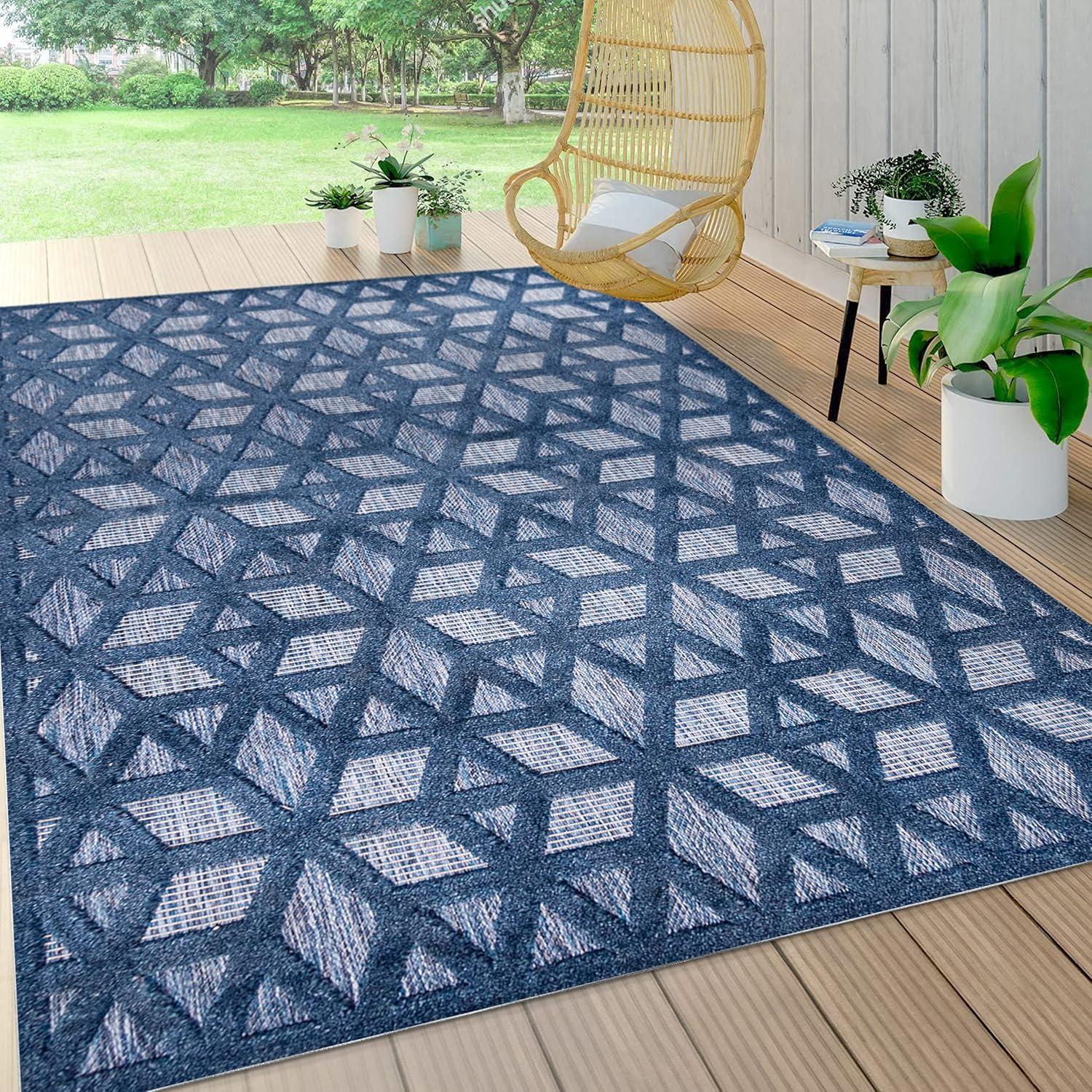 8'x10' Talaia Neutral Geometric Indoor/Outdoor Area Rug, Navy - JONATHAN Y