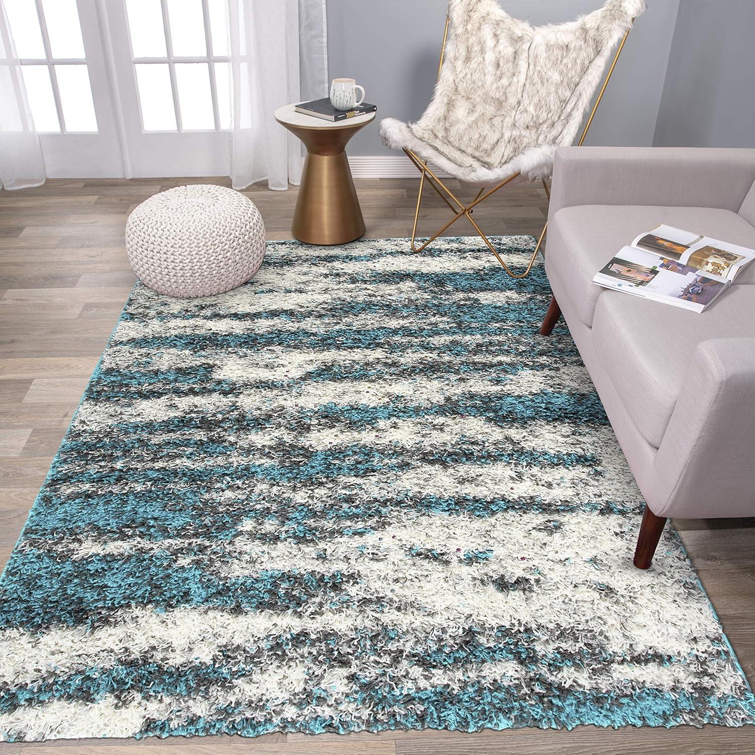 World Rug Gallery Modern Abstract Design Plush Shag Area Rug - Turquoise 5' x 7'