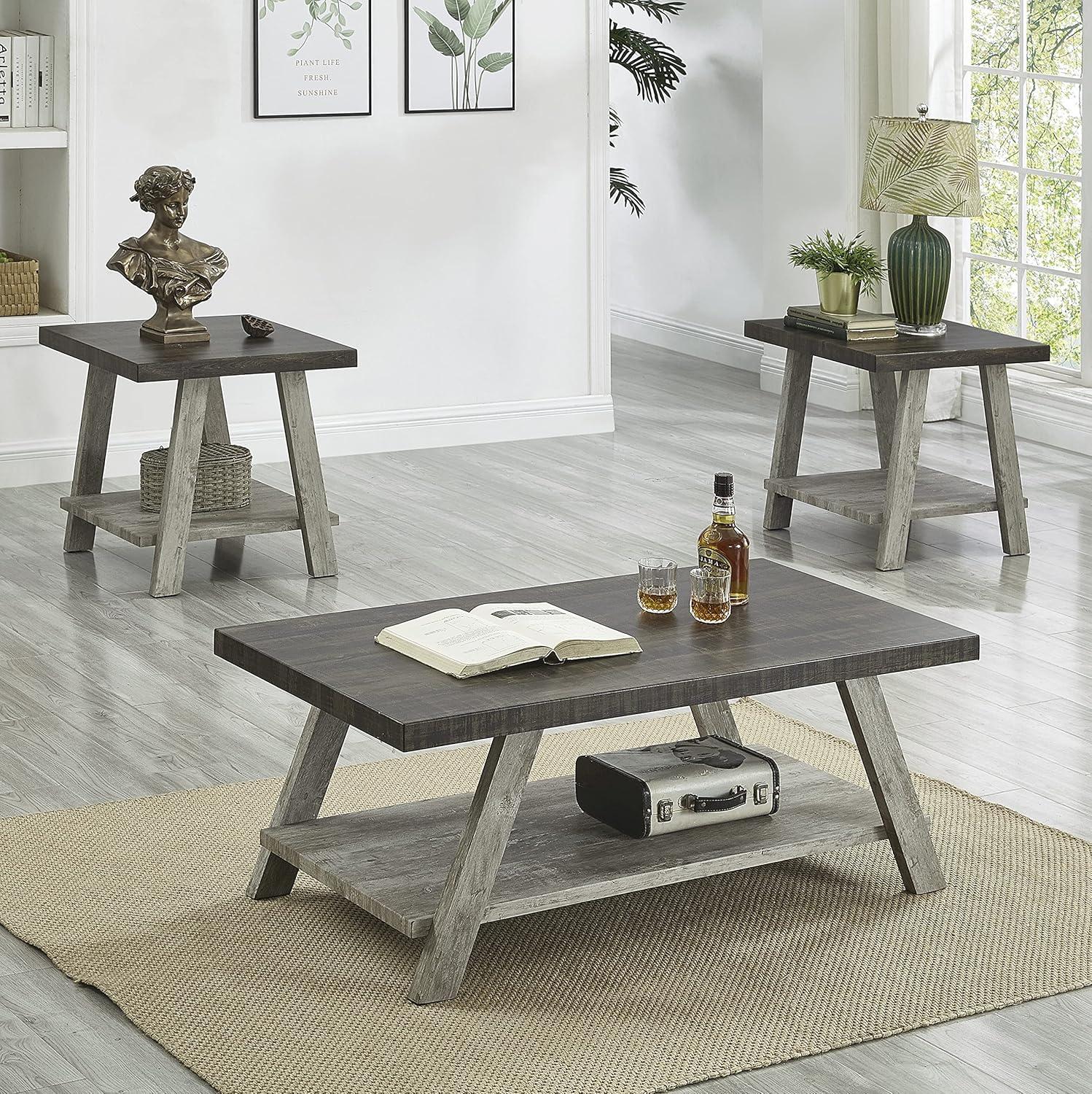 Roundhill Furniture Athens Contemporary 3-Piece Wood Shelf Coffee Table Set in Weathered Walnut and Gray