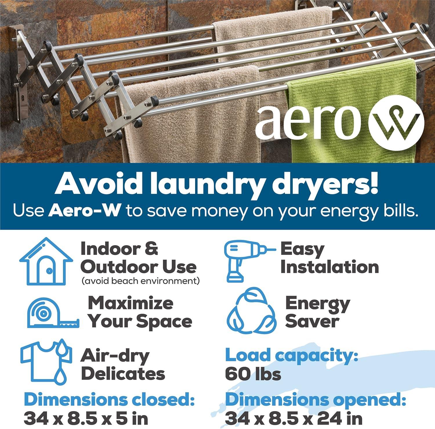 AERO W Racks Aluminum Wall Mounted Collapsible Laundry Clothes Drying Rack (60lb Capacity, 22.5 Linear FT, Aluminum Gray)