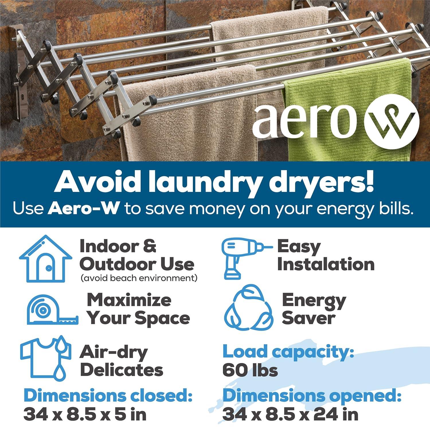 AERO W Racks Aluminum Wall Mounted Collapsible Laundry Clothes Drying Rack (60lb Capacity, 22.5 Linear FT, Aluminum Gray)