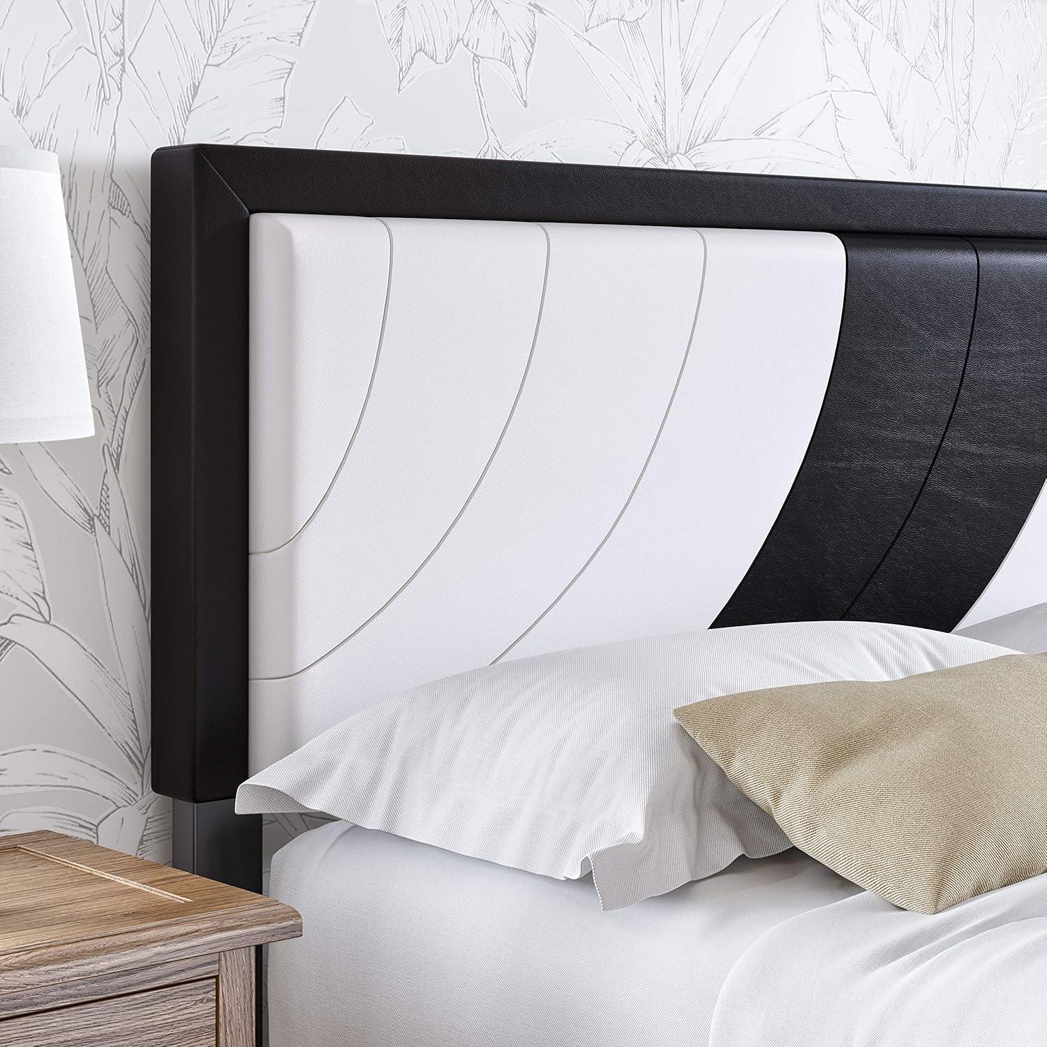 Nautical Wave Queen Platform Bed in White & Black Faux Leather