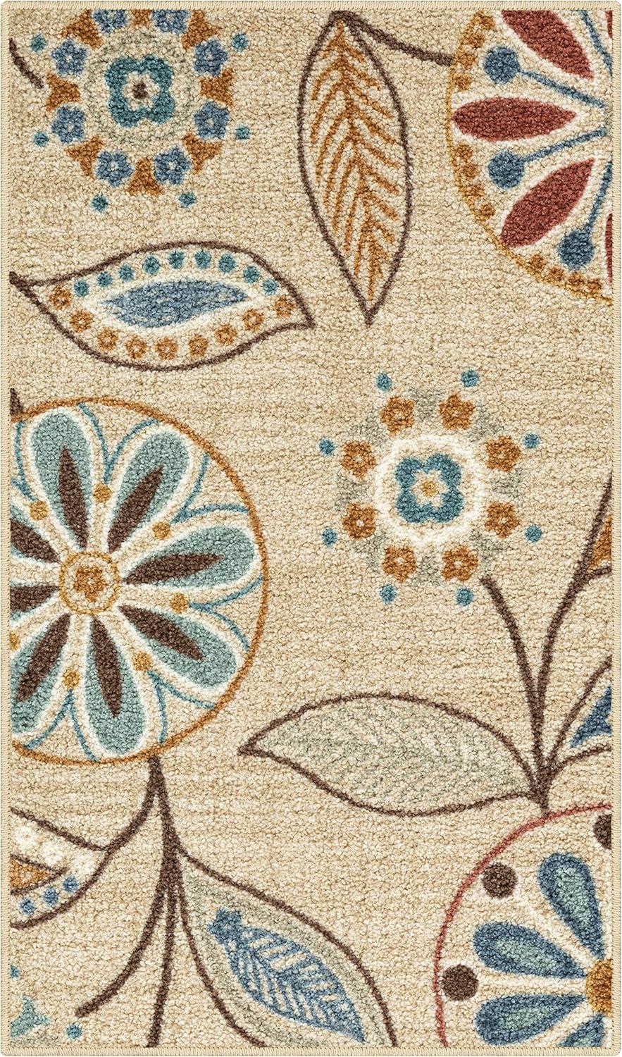 Beige Floral Tufted Washable Rectangular Rug