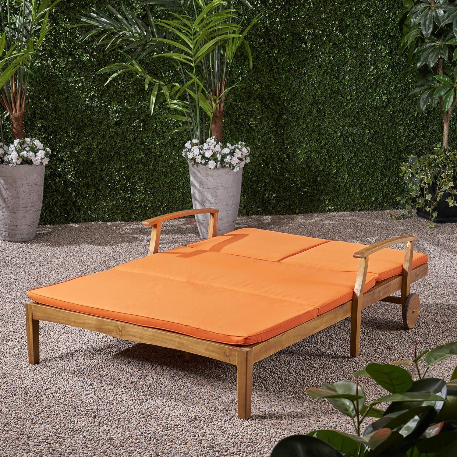 Samantha Double Chaise Lounge for Yard and Patio, Teak Finish with Orange Cushions