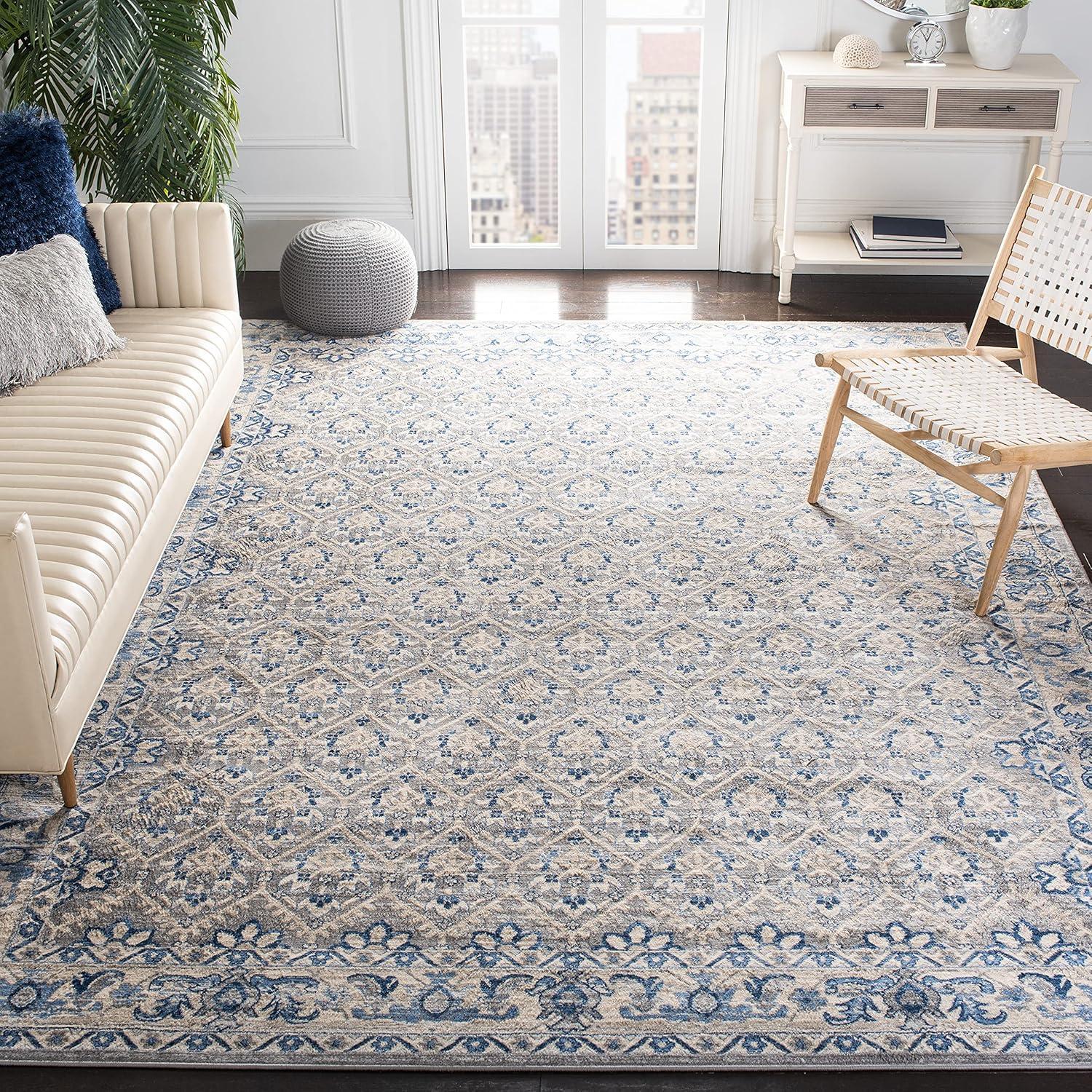 Elegant Square Light Grey & Blue Synthetic Area Rug, 6'7"