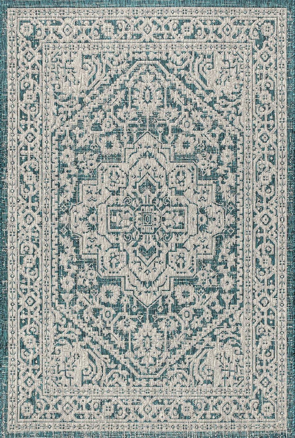 4'x6' Sinjuri Medallion Textured Weave Indoor/Outdoor Area Rug,  Teal Blue/Gray - JONATHAN Y