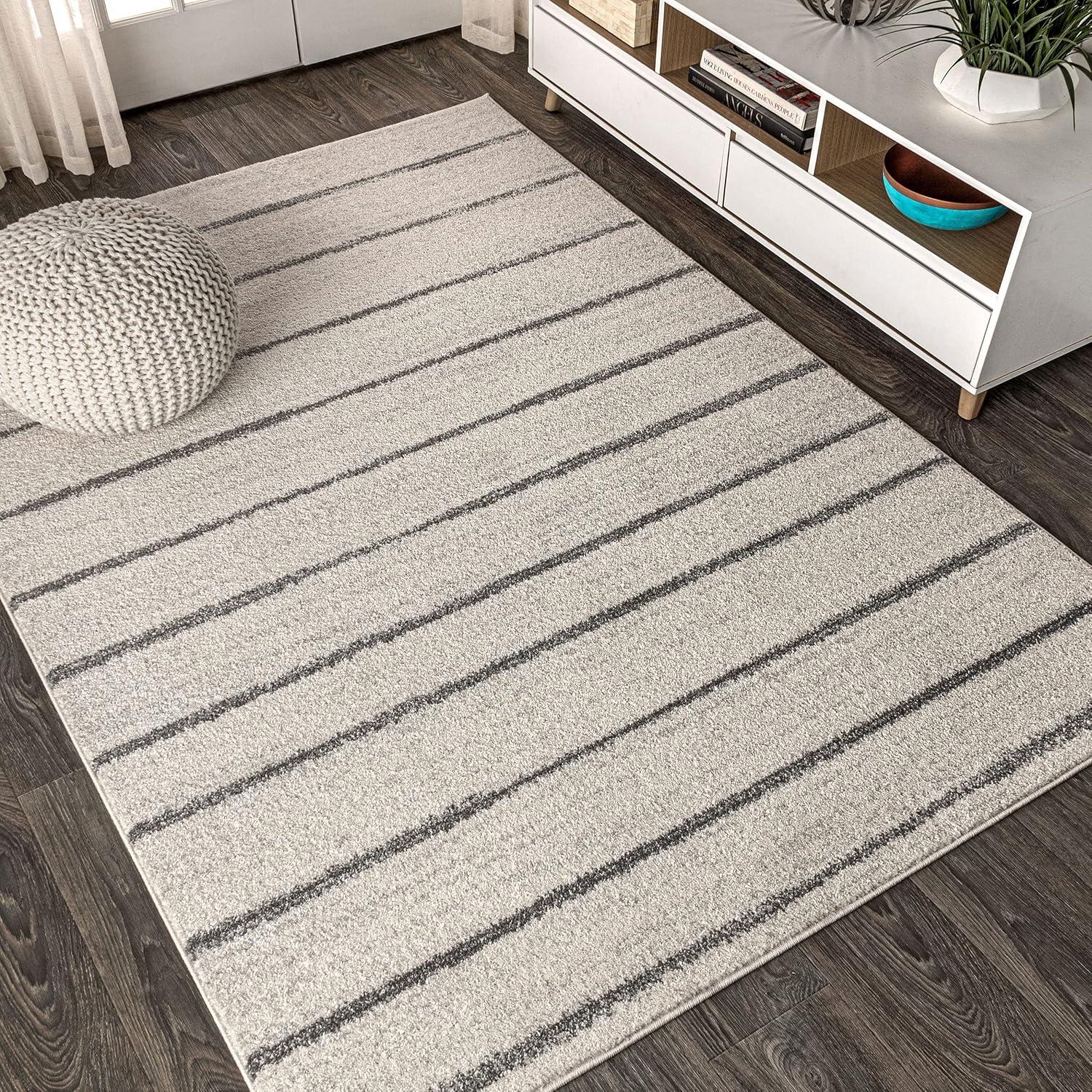 Cream and Gray Striped Synthetic 4' x 6' Area Rug