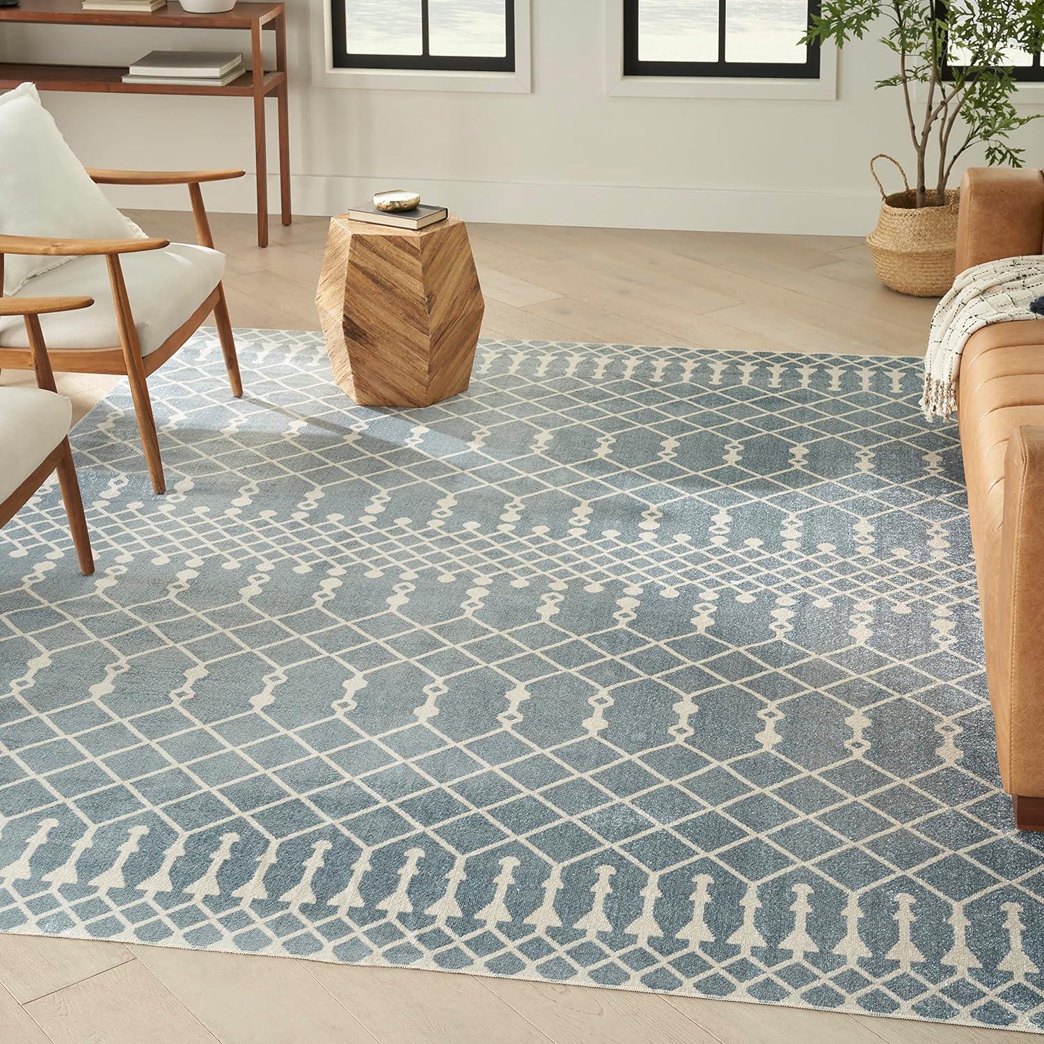 Blue and Ivory Moroccan Trellis 8' x 10' Washable Area Rug