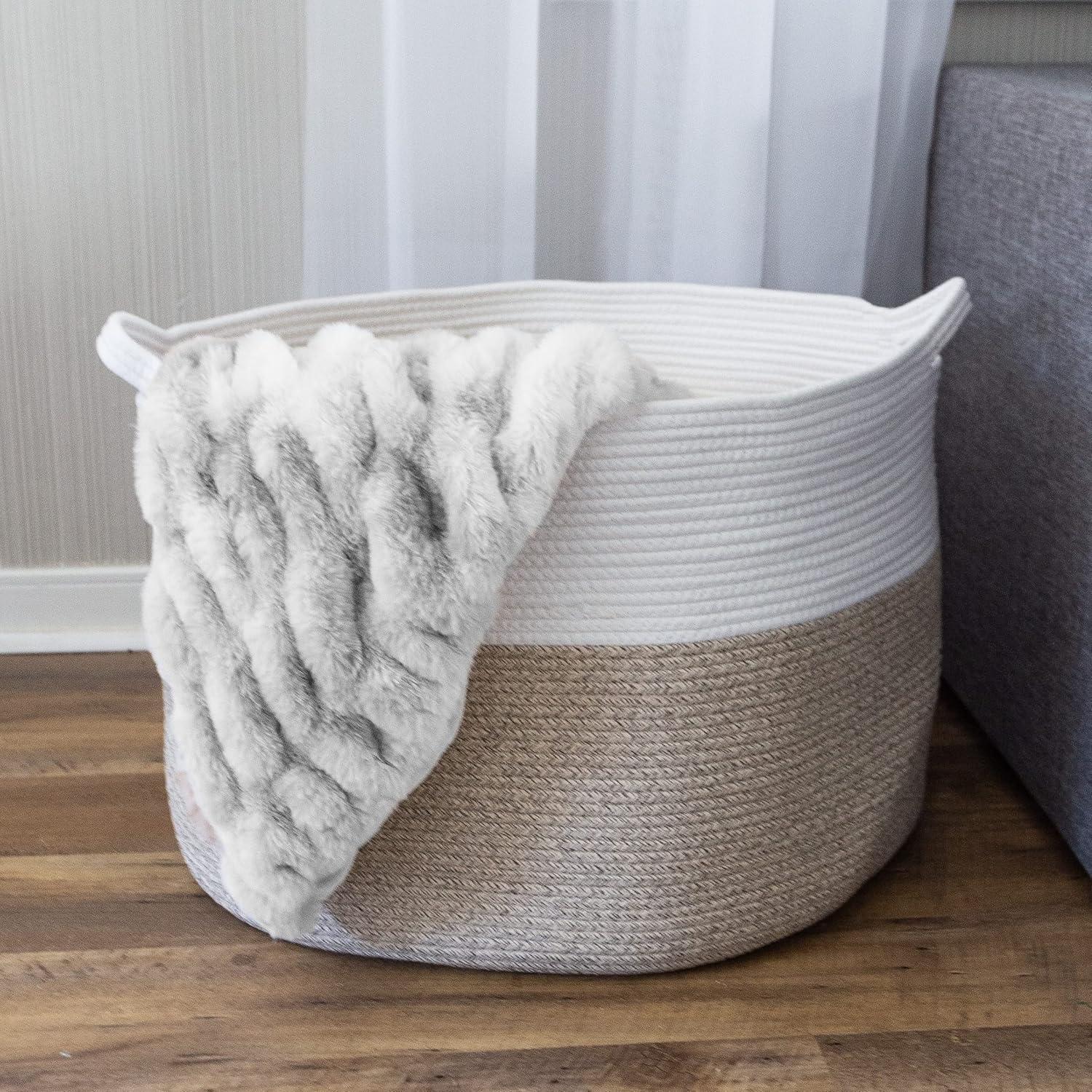 Home-Complete XL Woven Rope Basket Natural: Coiled Cotton Storage for Blankets, Large Circular Decorative Basket, 21.7"