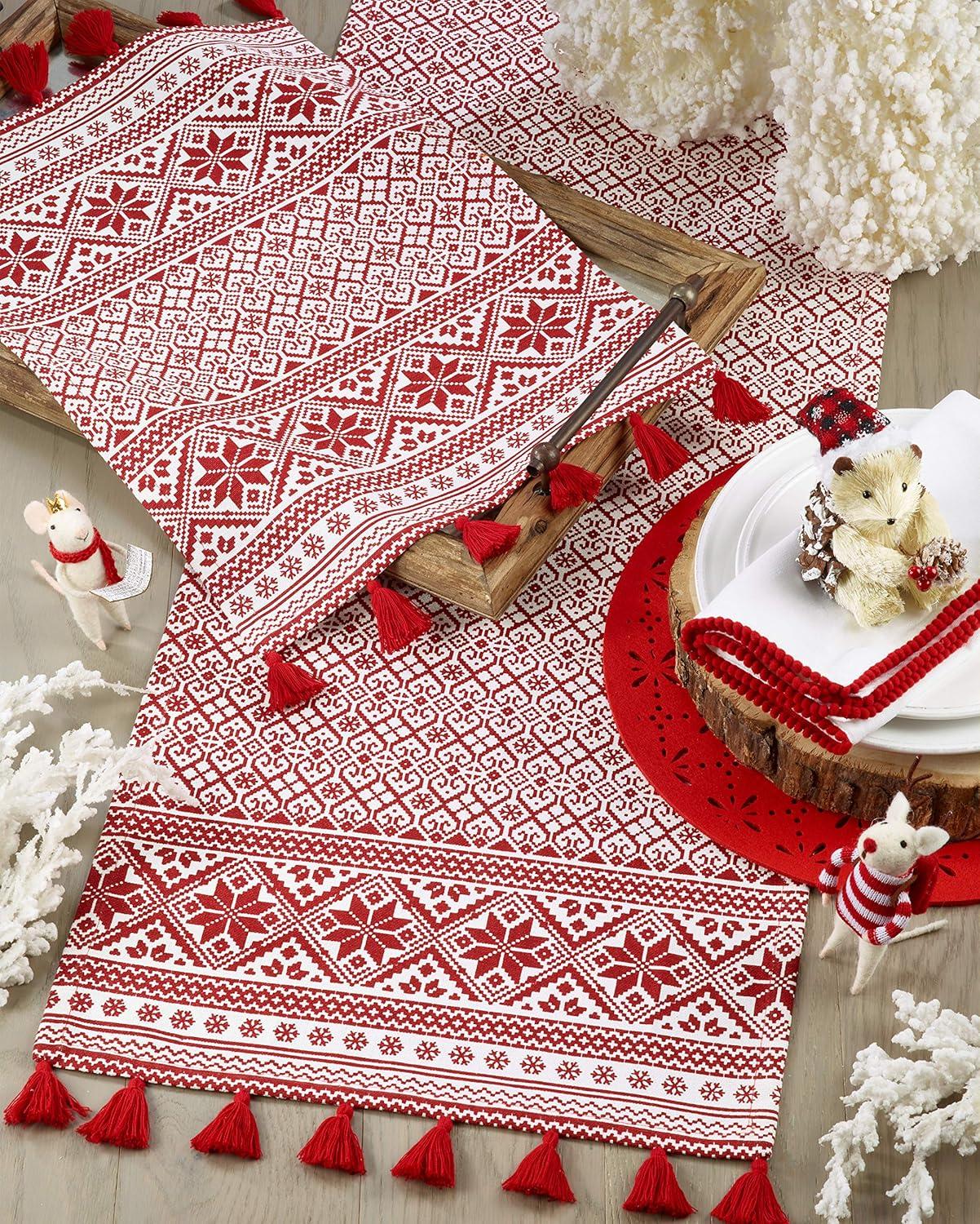 Red and White Cotton Christmas Table Runner with Tassels