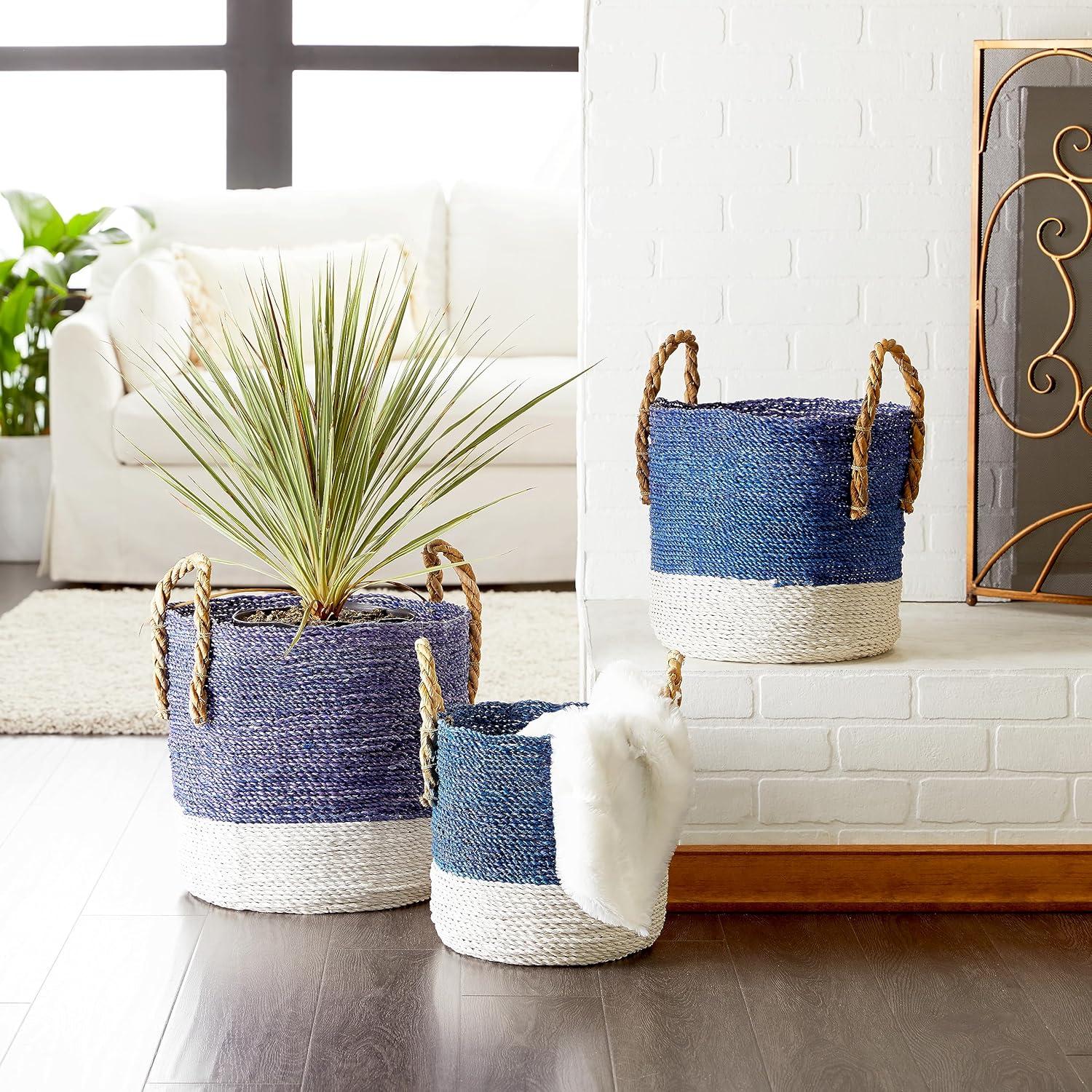 DecMode 17", 15", 13"W Blue Seagrass Handmade Two Toned Storage Basket with Handles, 3-Pieces