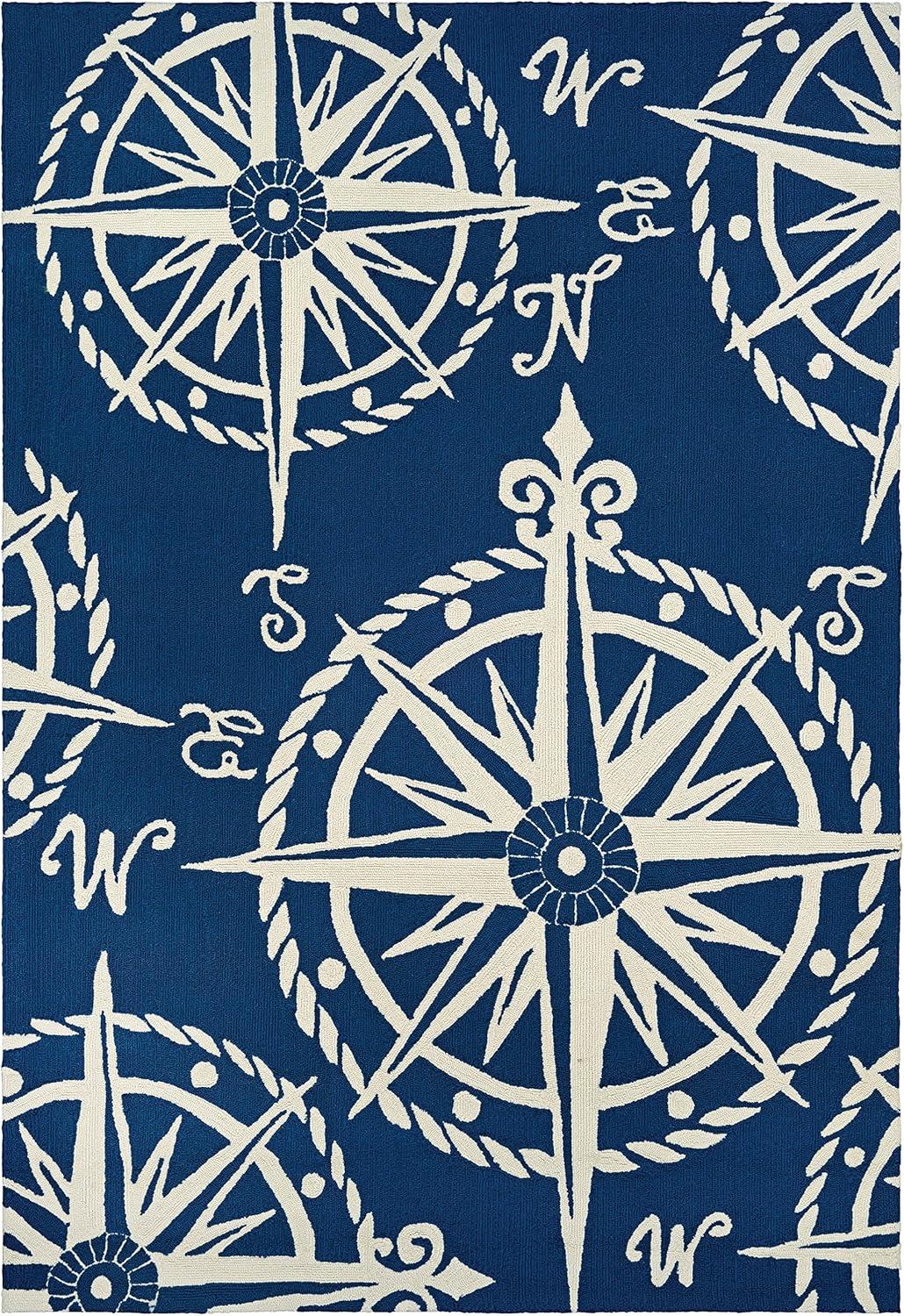 Navy and Ivory Nautical Compass Outdoor Rug, 2' x 4'