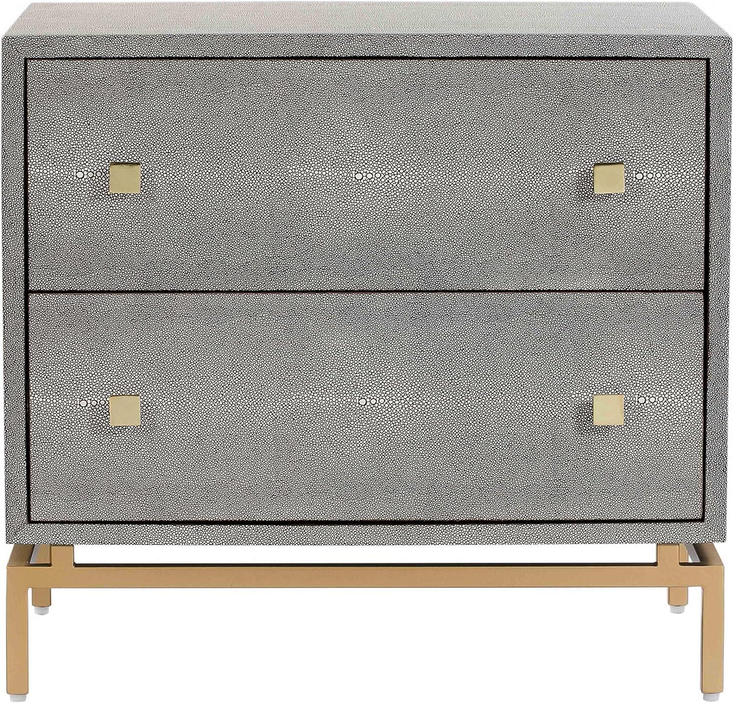 Pesce Modern Gray Shagreen 2-Drawer Nightstand with Brass Accents