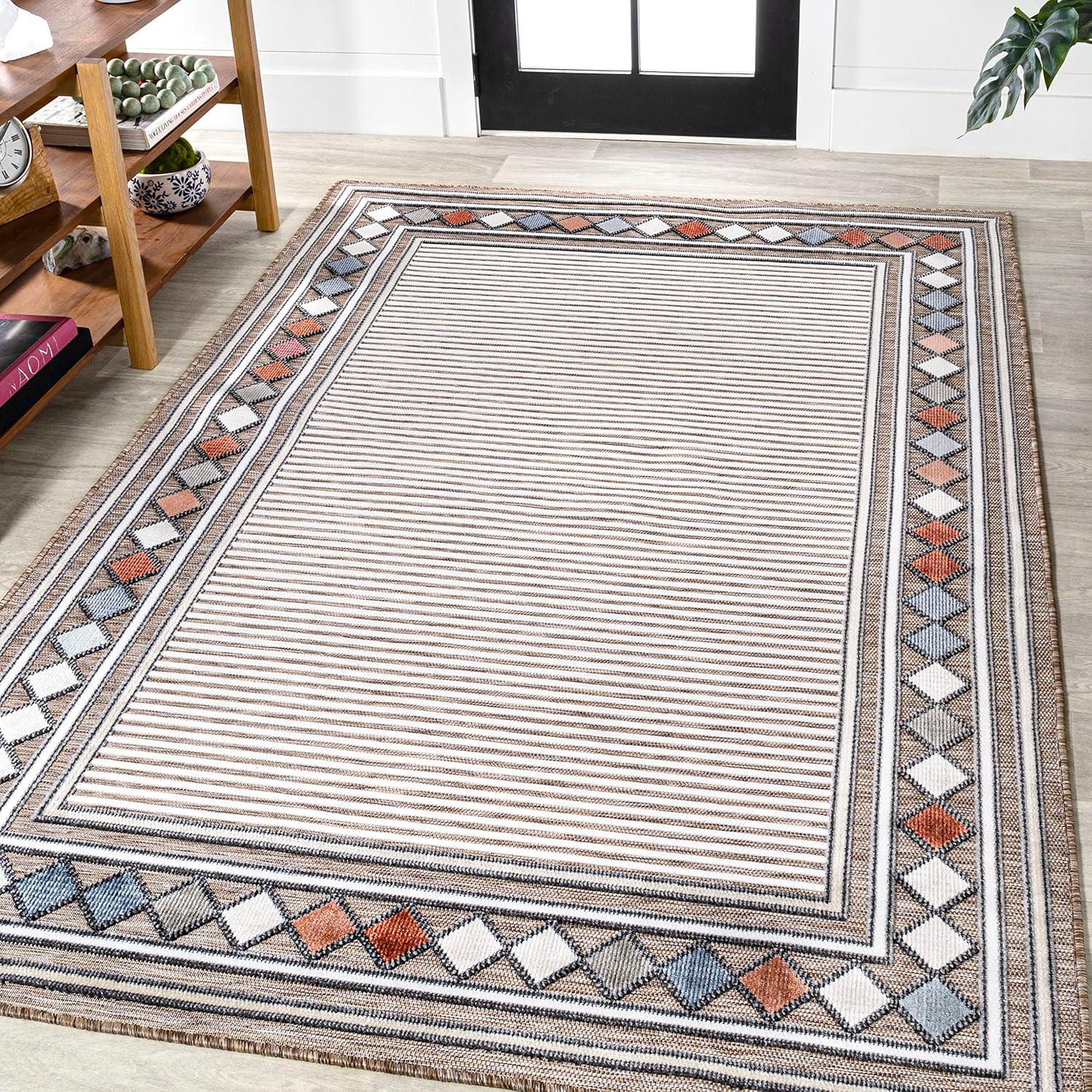 JONATHAN Y Sebastian High-Low Modern Diamond Border Brown/Ivory 3 ft. x 5 ft. Indoor/Outdoor Area Rug