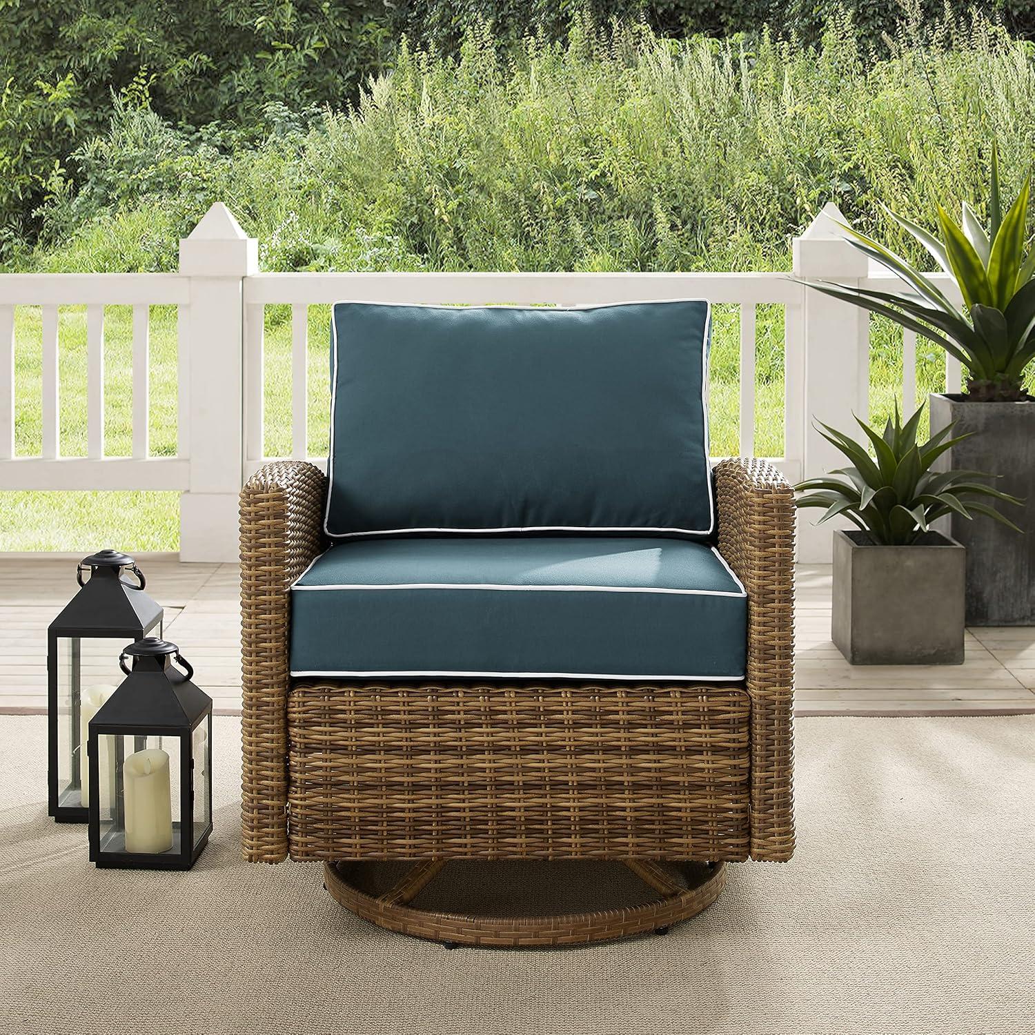 Bradenton Outdoor Steel Swivel Rocking Chair Navy/Weathered Brown - Crosley: Patio Accent, UV-Resistant