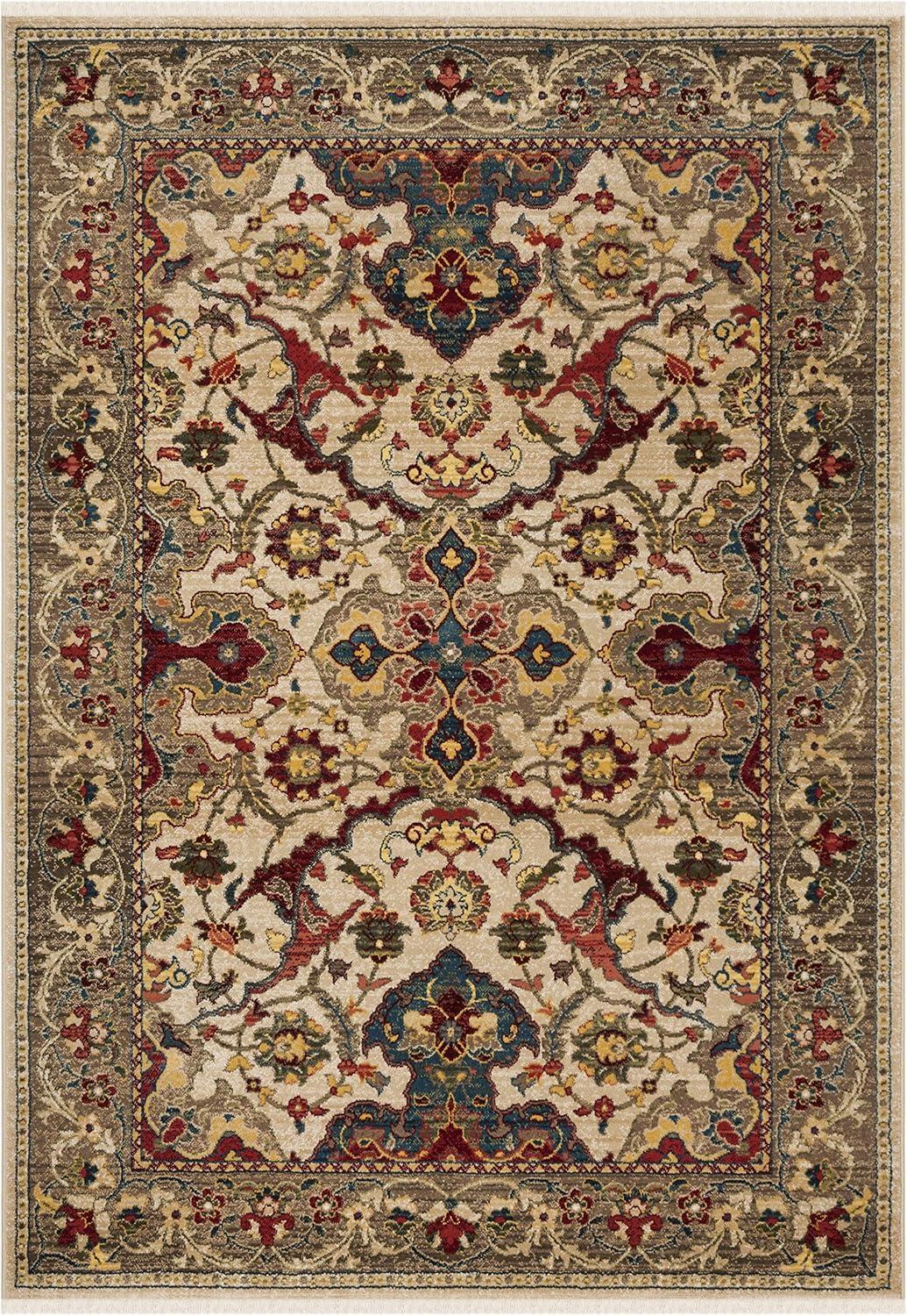 Ivory and Taupe Floral Synthetic Low Pile Area Rug