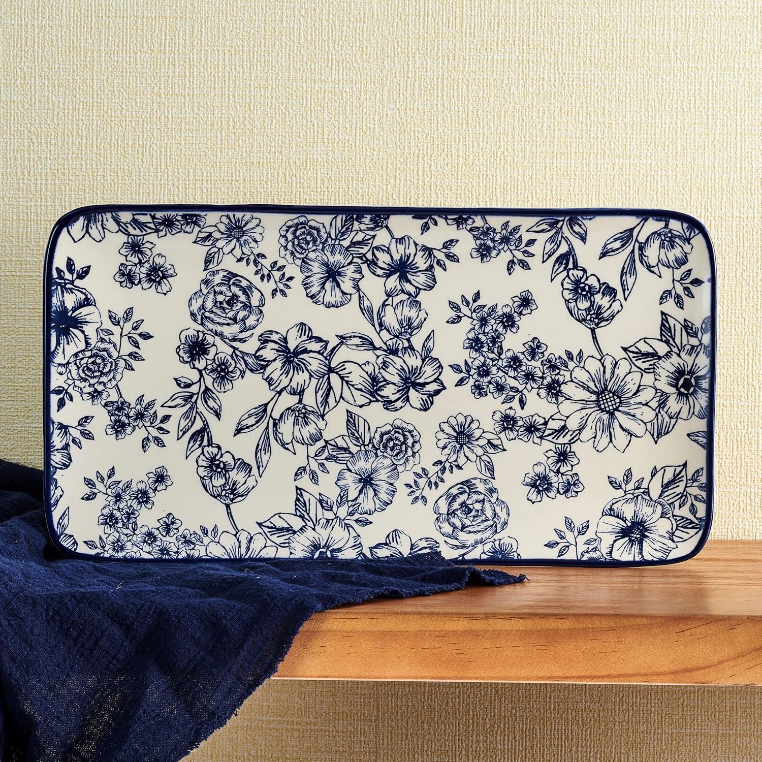 Gabriela Blue and White Floral Ceramic Rectangular Platter