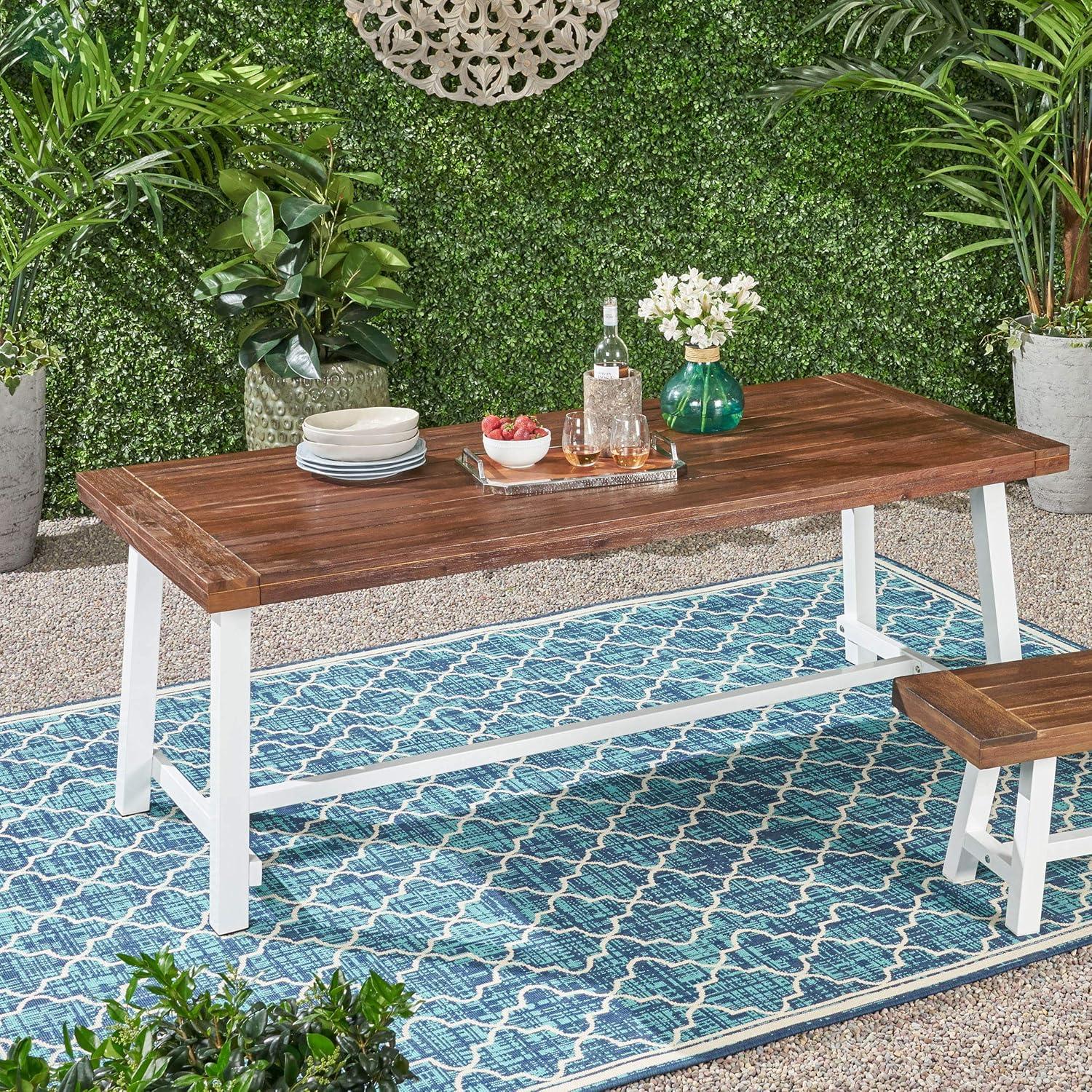 GDFStudio Emersyn Outdoor Acacia Wood and Iron Dining Table with Slat Top, Light Gray/Black
