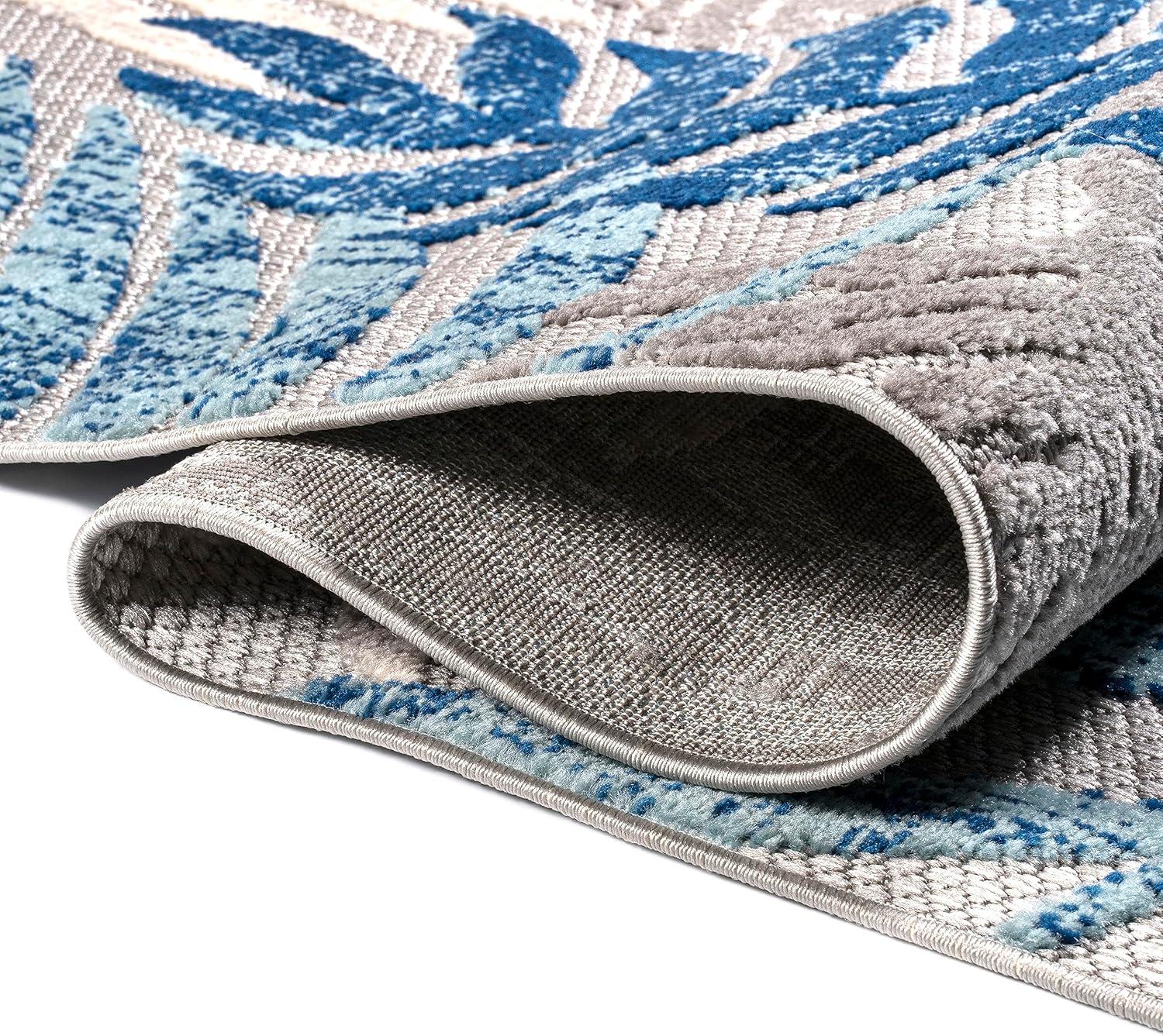 Gray and Blue Synthetic Palm Leaves 9' x 12' Area Rug