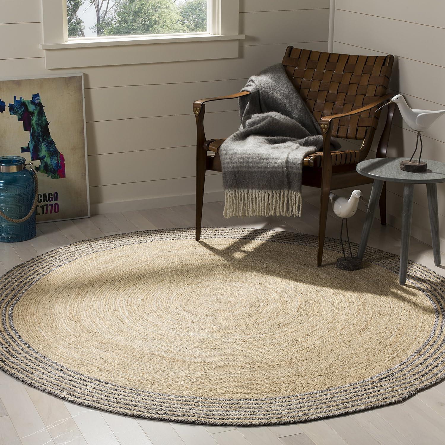 Coastal Charm Ivory & Steel Grey Handmade Round Wool Rug, 3' Diameter