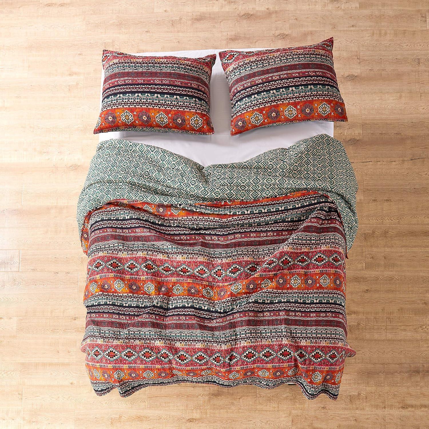 Vista Aztec Stripe Quilt Set - Full/Queen Quilt and Two Standard Pillow Shams Orange, Green, Black - Levtex Home
