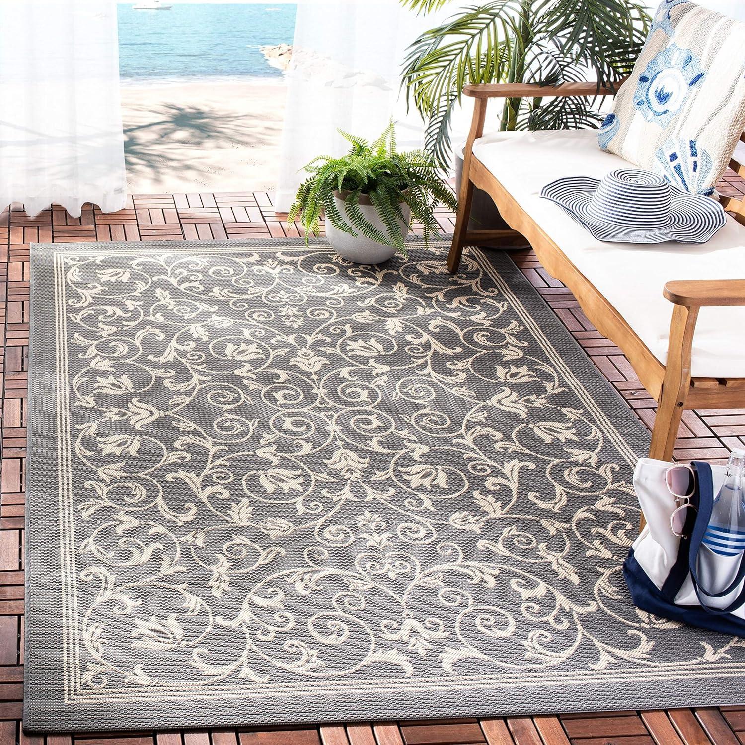 Gray Baroque Print Rectangular Synthetic Outdoor Rug