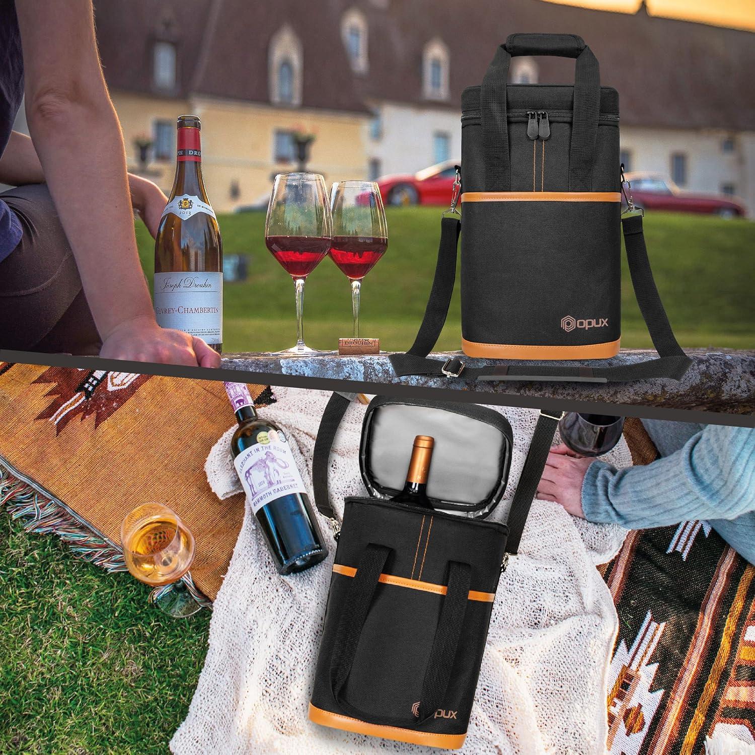 OPUX Wine Bag, 4,6 Bottle Cooler Insulated Tote Carrier Travel Picnic BYOB, Leakproof Padded Portable Party Christmas Gift (Brown, 4 Bottle)