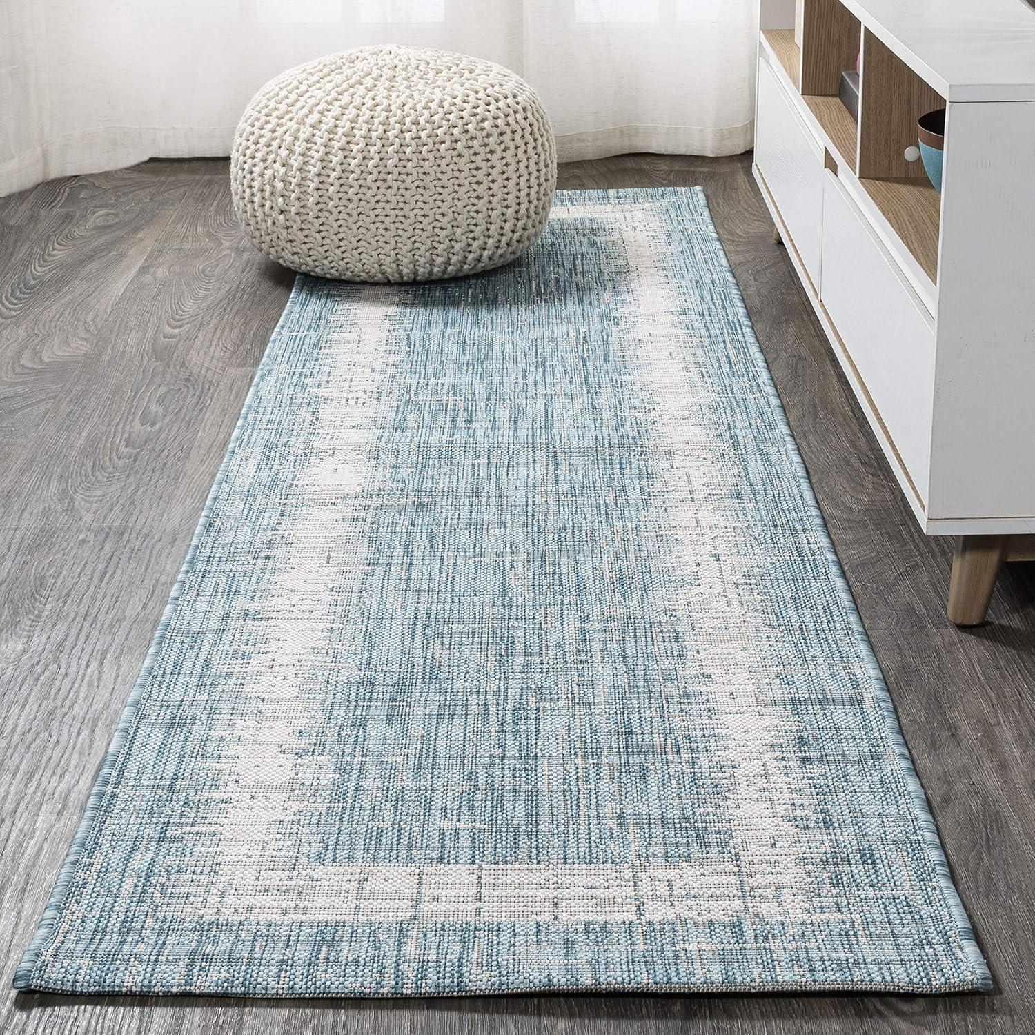 2'x10' Scandi Minimalist Border Indoor/Outdoor Runner Rug, Aqua - JONATHAN Y