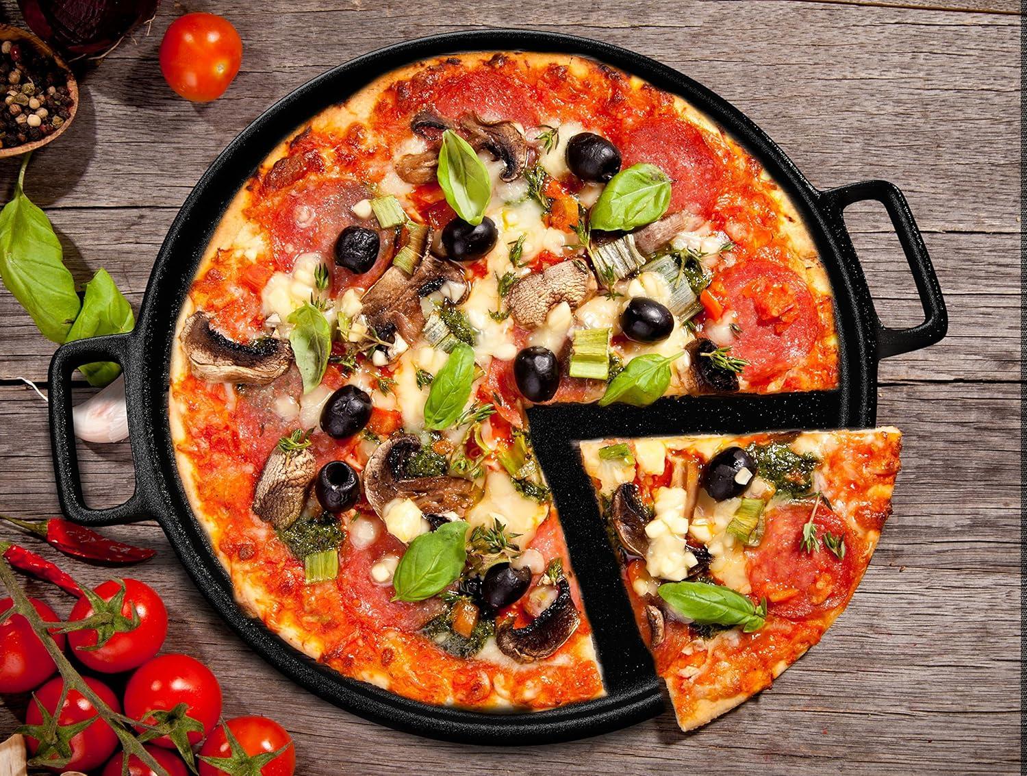 14-Inch Black Cast Iron Pizza Pan with Handles