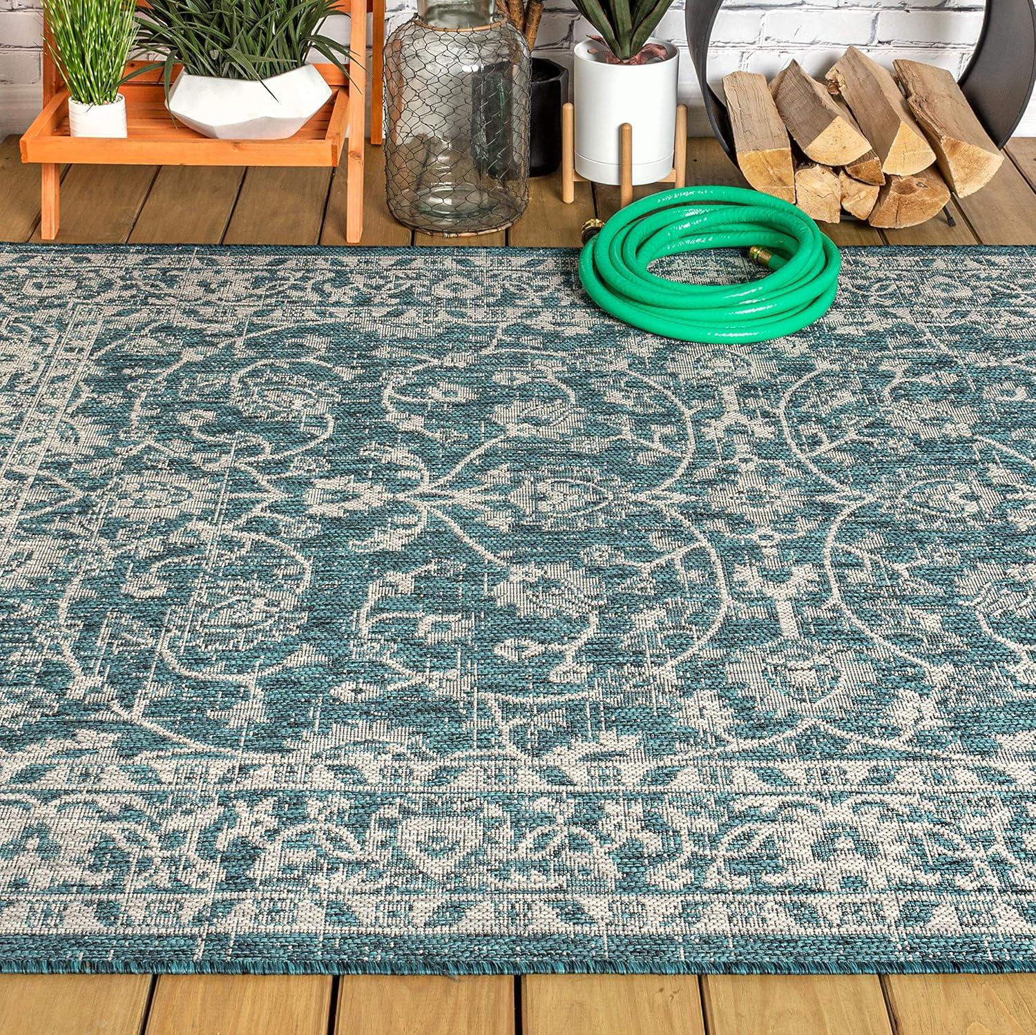 4'x6' Palazzo Vine and Border Textured Weave Indoor/Outdoor Area Rug, Teal/Gray - JONATHAN Y