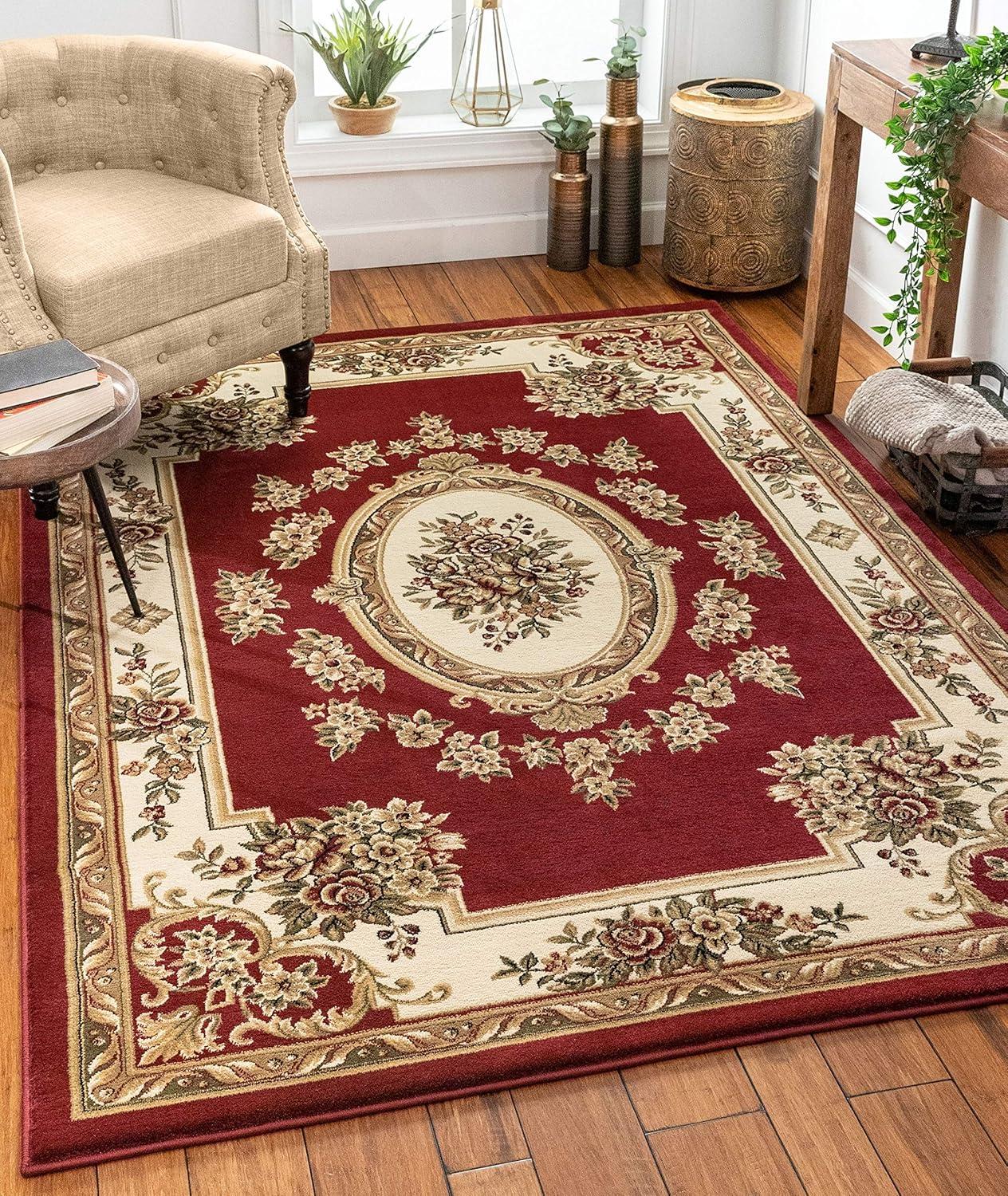 Well Woven Pastoral Medallion French European Floral Formal Traditional Modern Classic Thick Soft 5'3" x 7'3" Red Area Rug