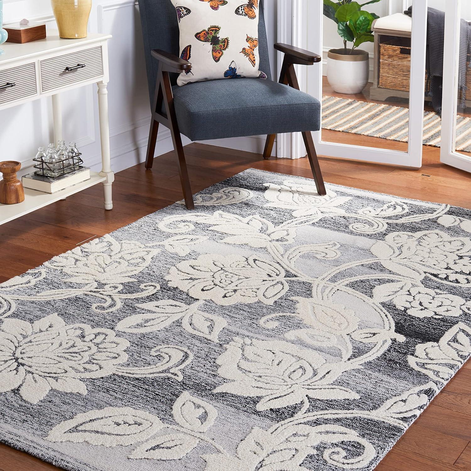 Hand-Tufted Floral Jardin Wool & Synthetic Rug - Black/Ivory, 4' x 6'