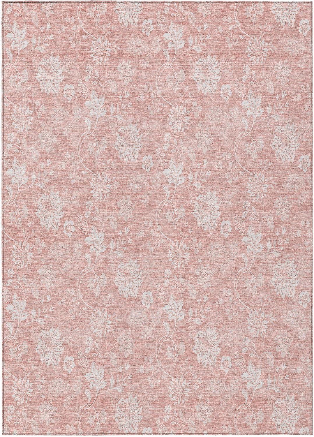 Pink Floral Rectangular Washable Synthetic Area Rug