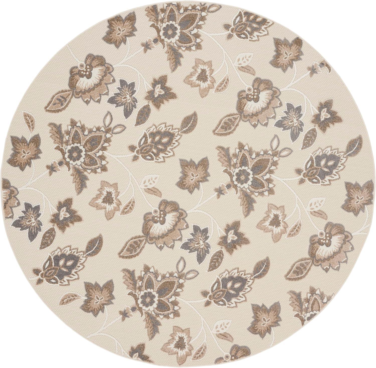 Nourison Aloha Floral Farmhouse Flatweave High-Low Indoor Outdoor Round Rug Beige 7’10” x 7'10"