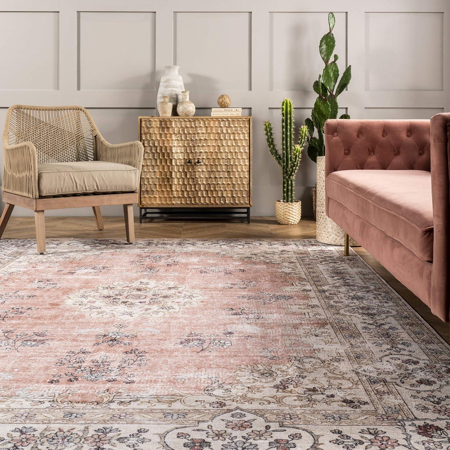 Nuloom Ren Medallion 6 Square Machine Washable Indoor Area Rug for Living Room Bedroom Dining Room Kitchen, Peach/Ivory