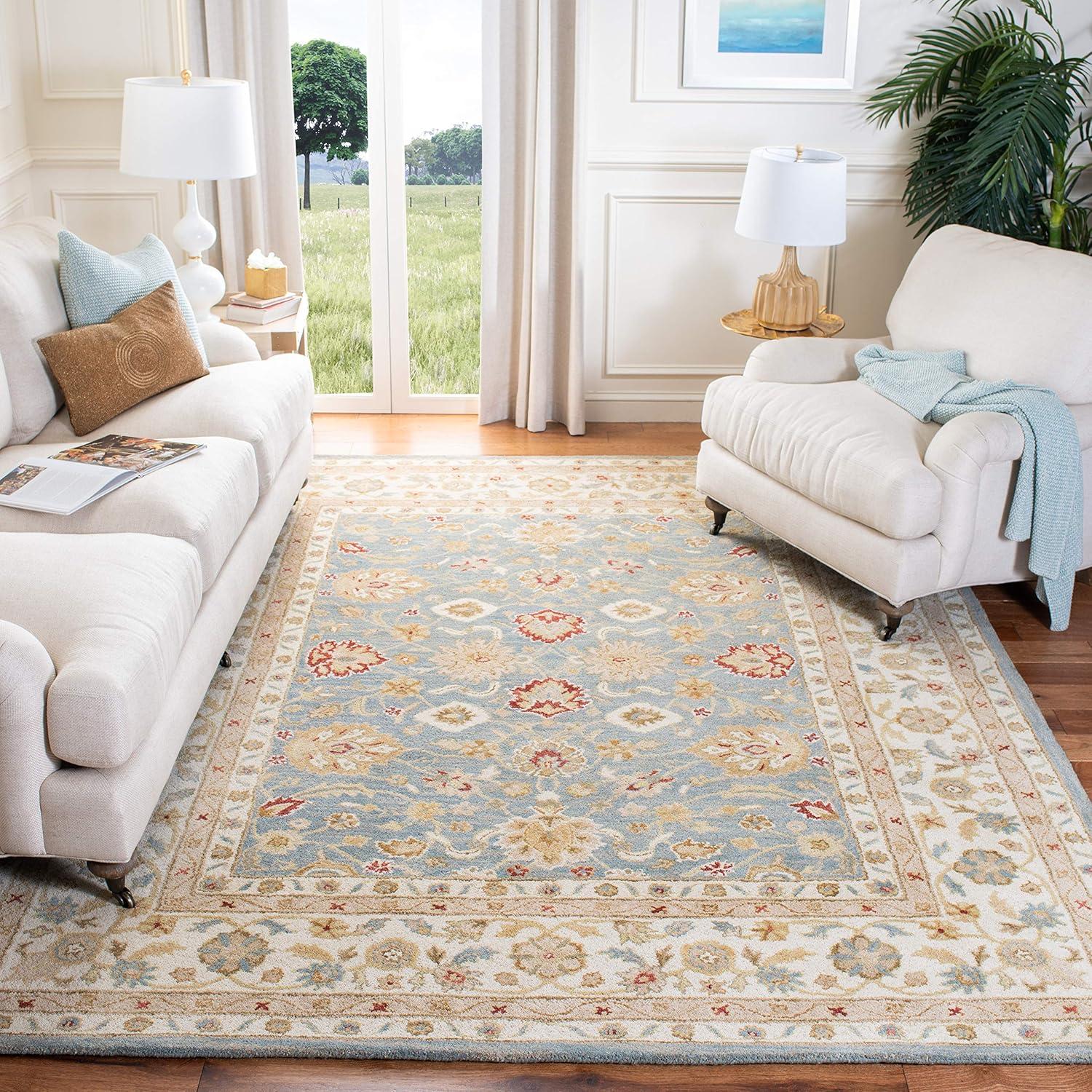 Elegant Grey Blue & Beige Tufted Wool Square Rug