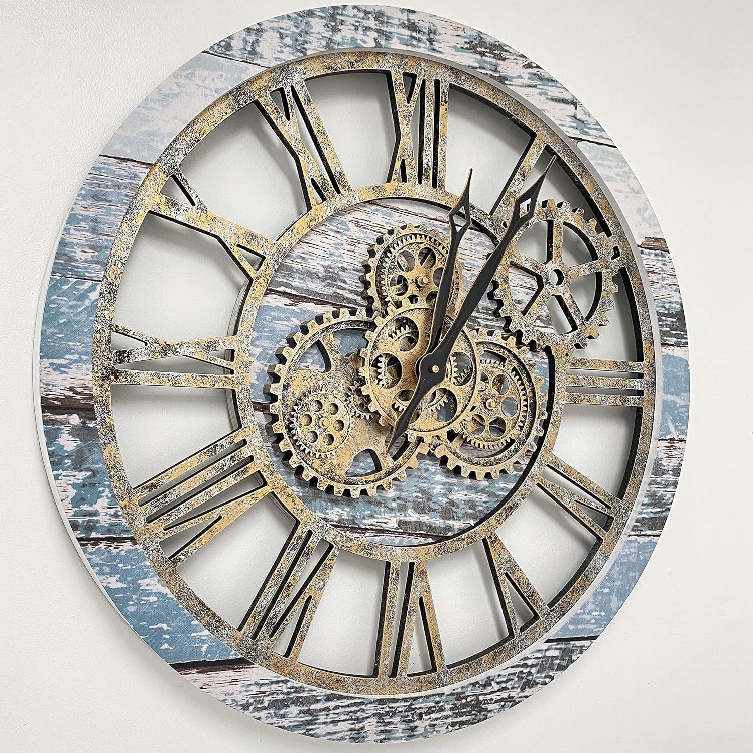 The Gears Clock Wall Clock 24" Round Oversized for Living Room decor with Real Moving Gears America Collection