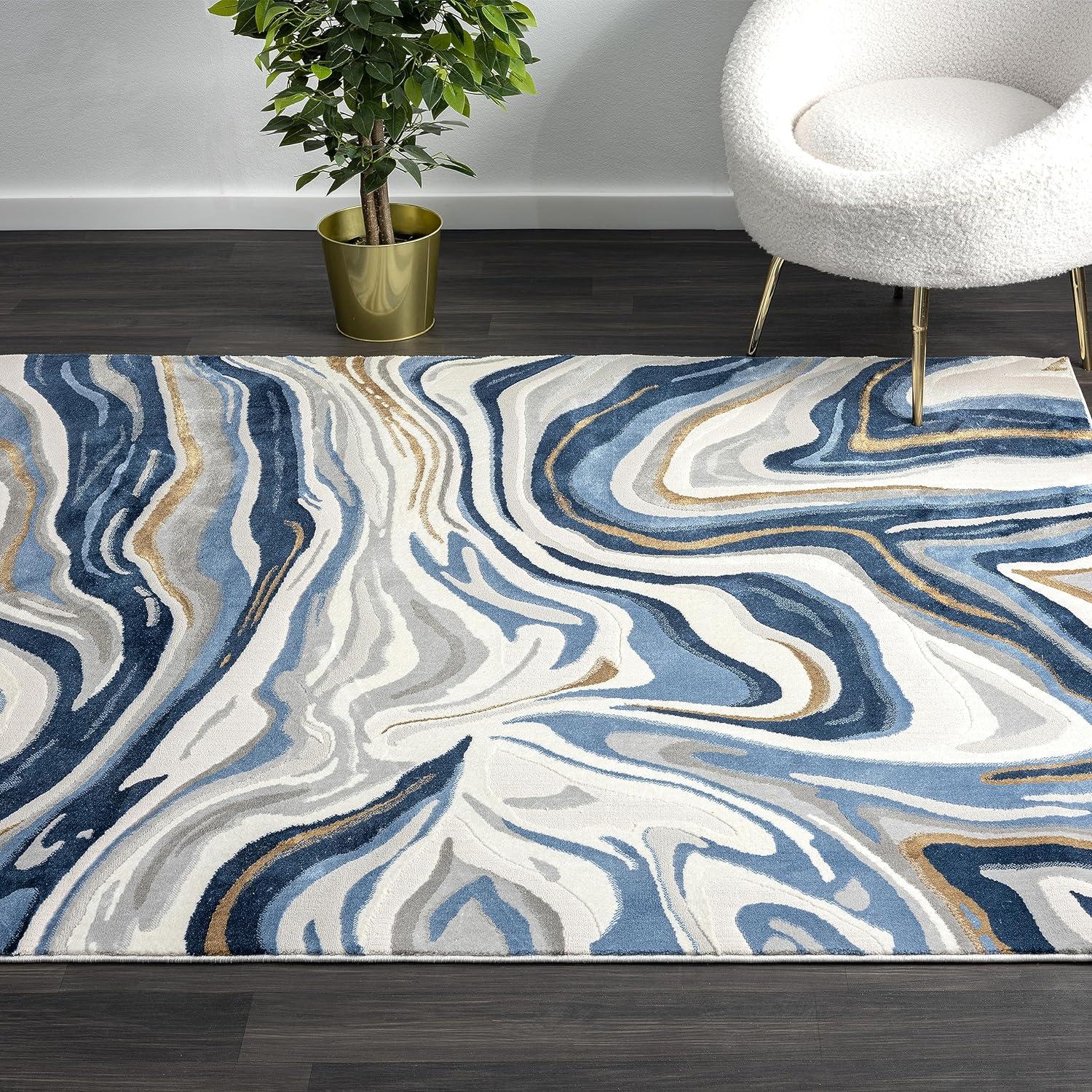Abani Regal Collection Area Rug - Blue/Grey Abstract Wavy Design - 8' x 10' - Easy to Clean - Durable for Kids and Pets - Non-Shedding - Medium Pile - Soft Feel - for Living Room, Bedroom & Office
